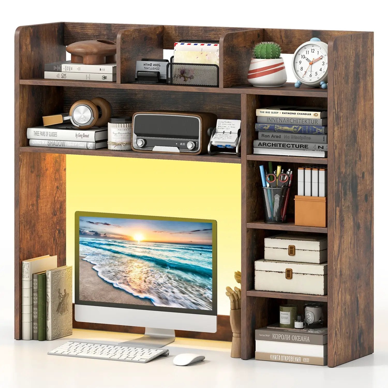 Desktop Bookshelf with LED Lights 35.5" Desk Hutch Organizer by DirectDeals