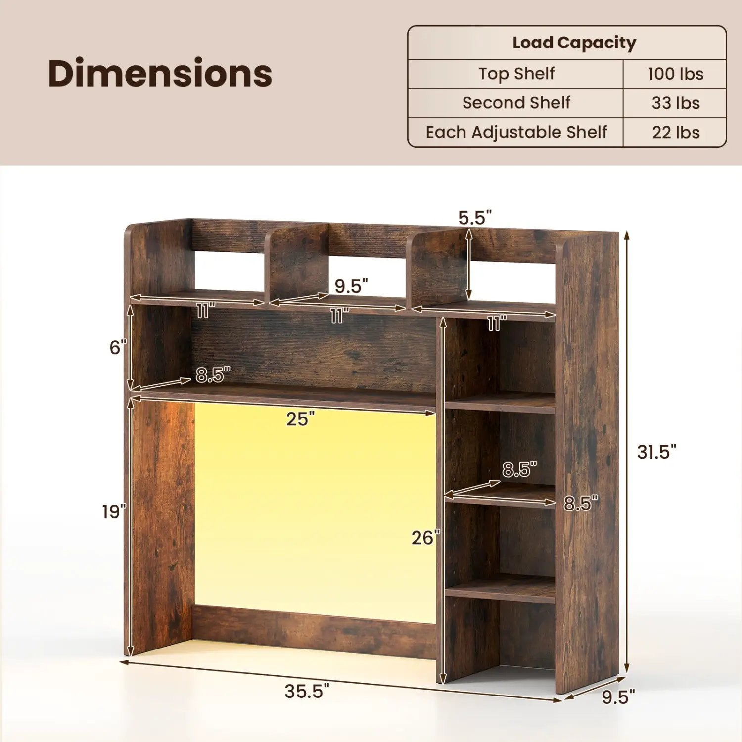 Desktop Bookshelf with LED Lights 35.5" Desk Hutch Organizer by DirectDeals