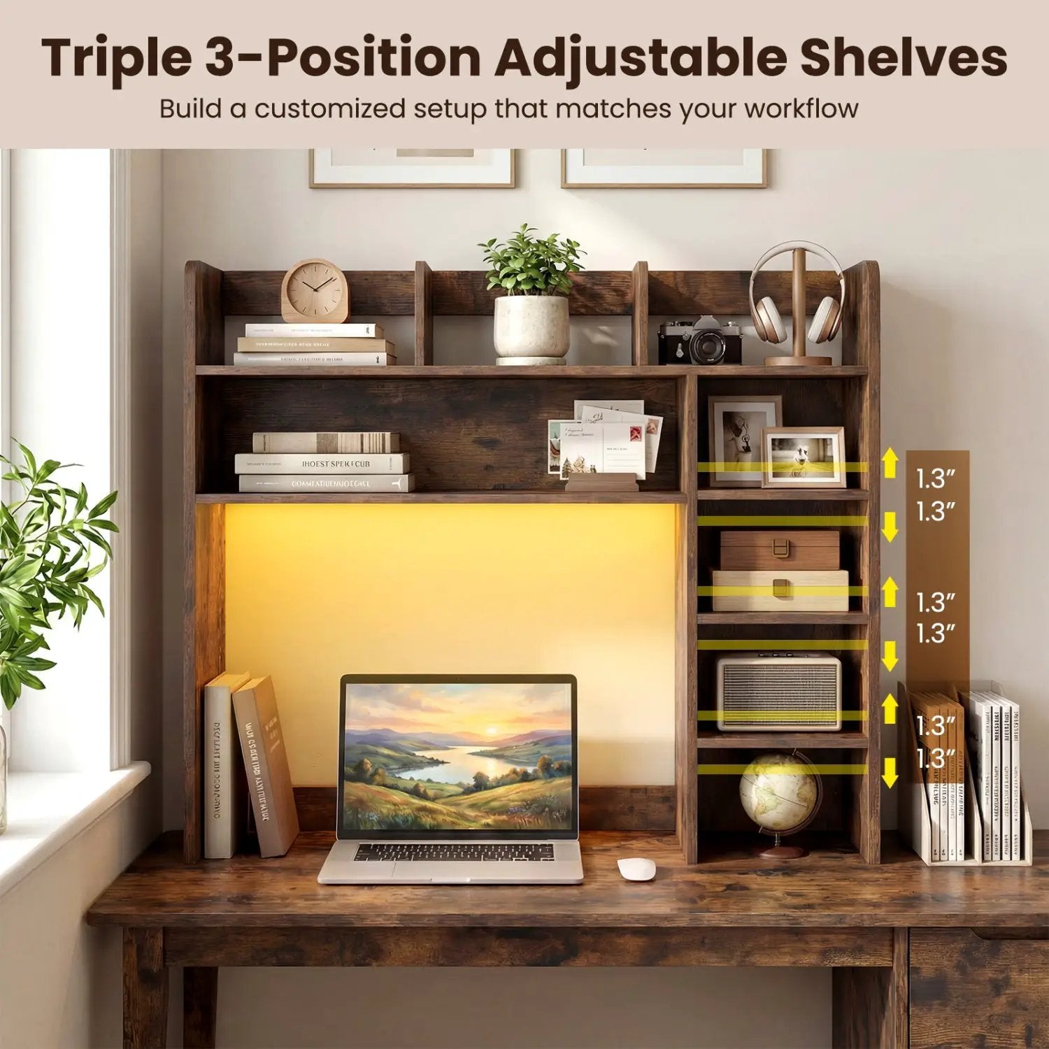 Desktop Bookshelf with LED Lights 35.5" Desk Hutch Organizer by DirectDeals