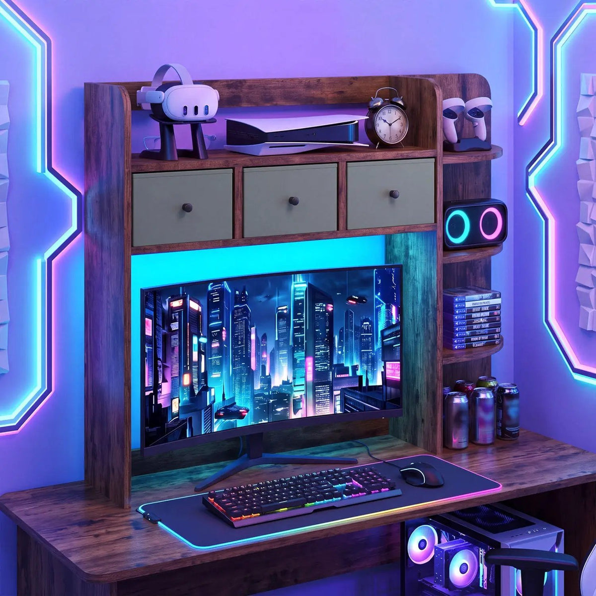 Desktop Bookshelf with LED Lights 5-Tier Storage & 3 Drawers by DirectDeals
