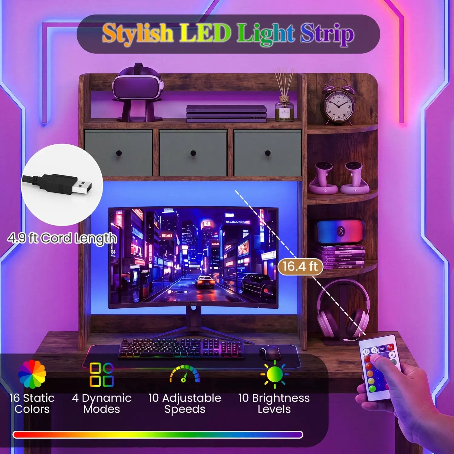 Desktop Bookshelf with LED Lights 5-Tier Storage & 3 Drawers by DirectDeals