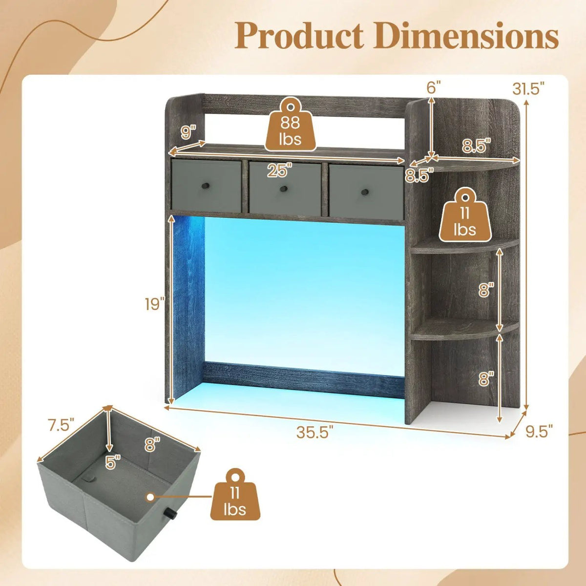 Desktop Bookshelf with LED Lights 5-Tier Storage & 3 Drawers by DirectDeals