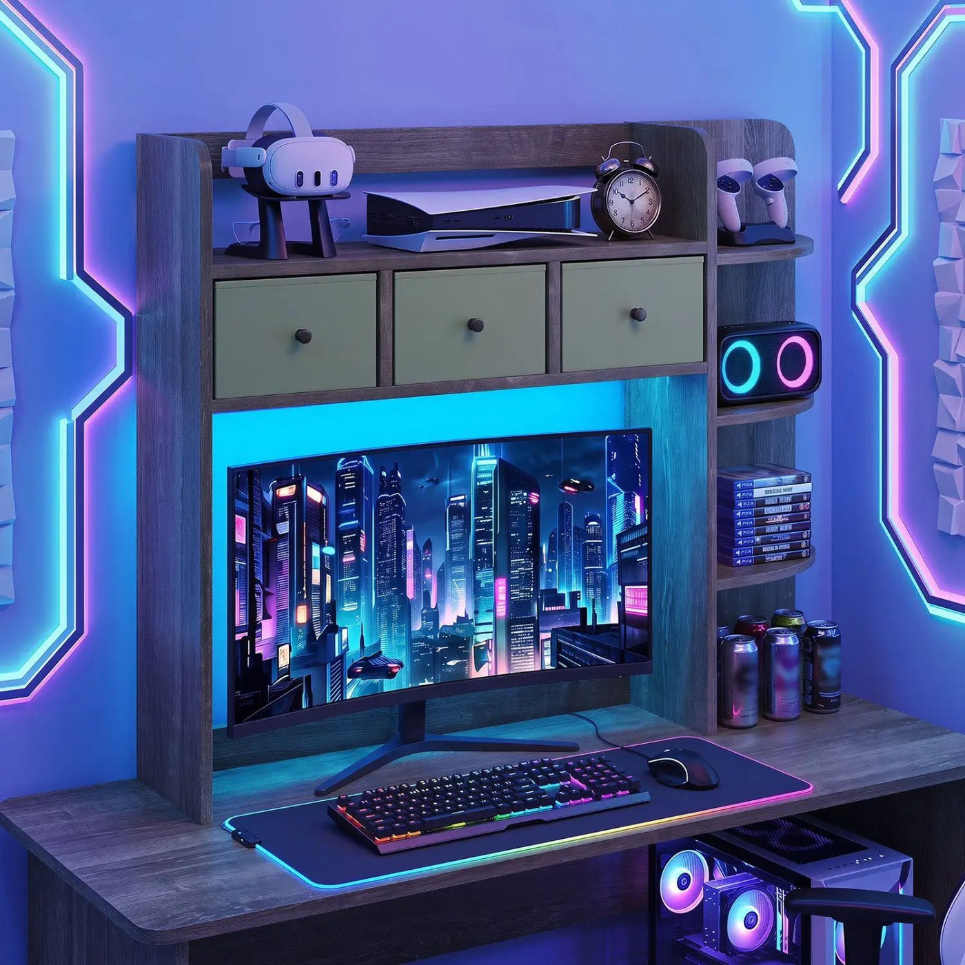 Desktop Bookshelf with LED Lights 5-Tier Storage & 3 Drawers by DirectDeals