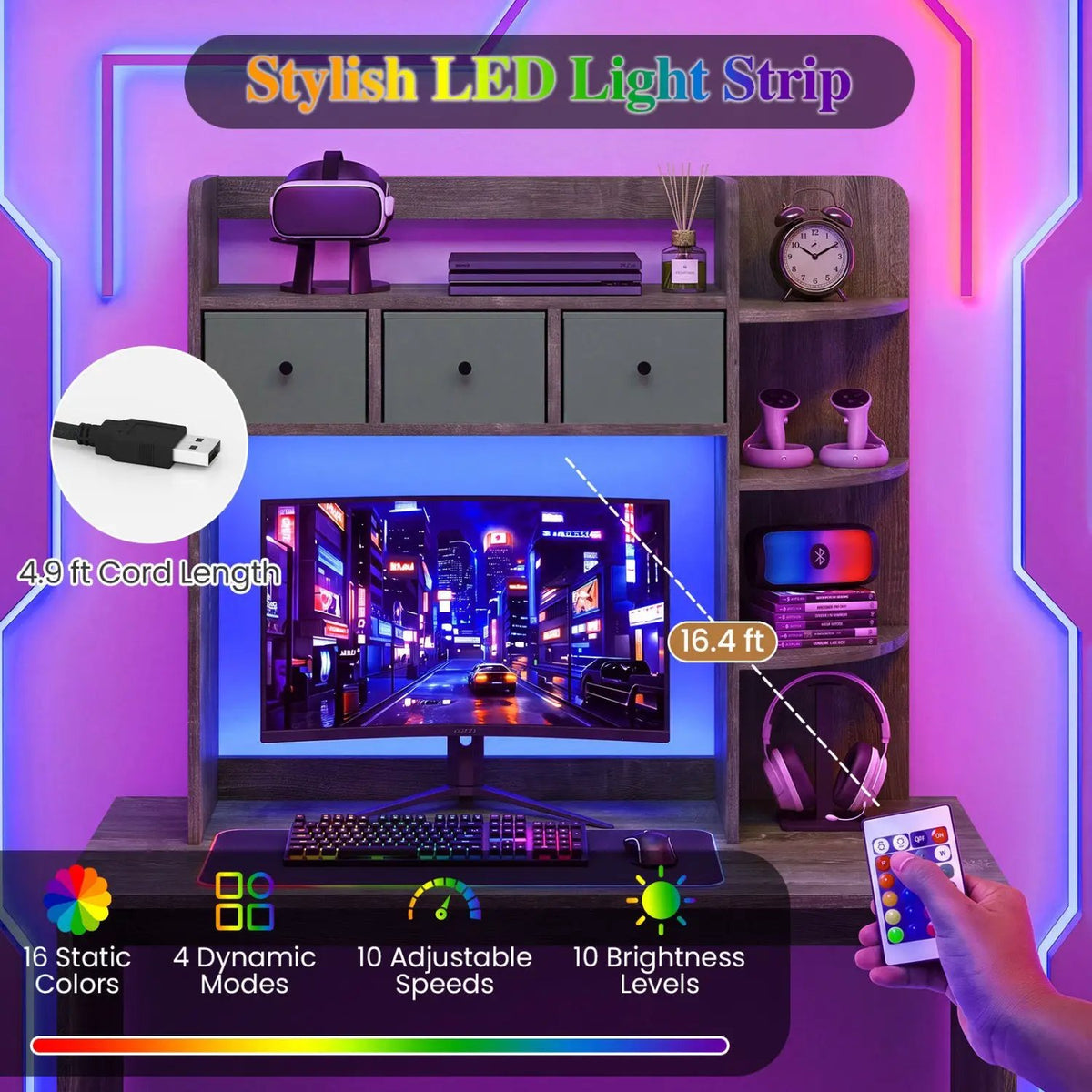 Desktop Bookshelf with LED Lights 5-Tier Storage & 3 Drawers by DirectDeals
