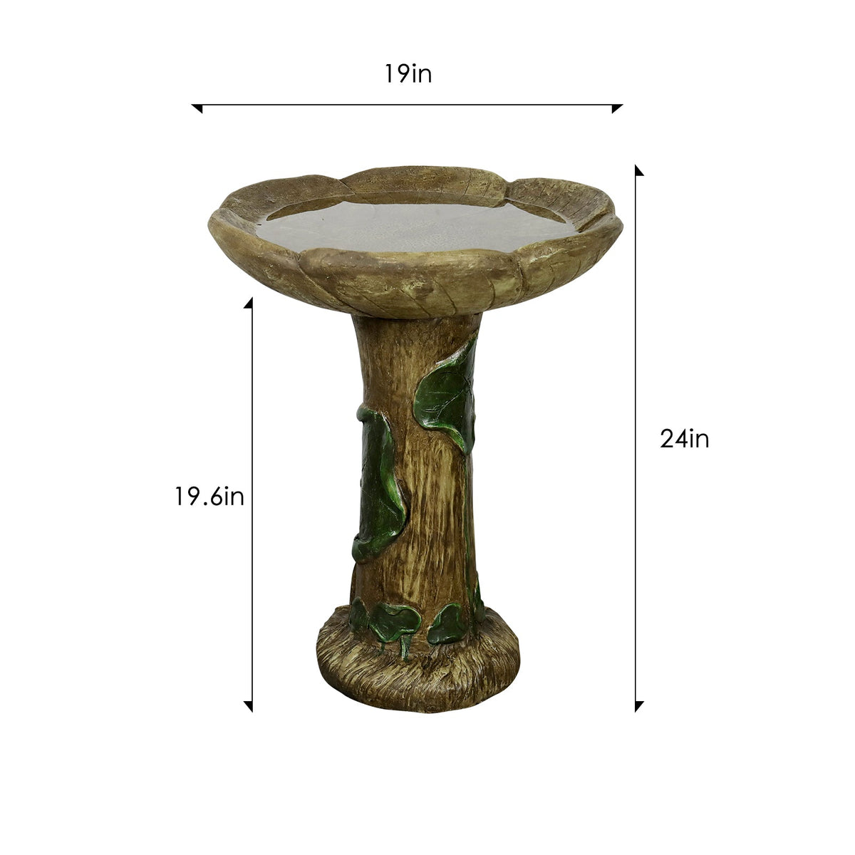 Concrete Rustic Bird Bath Carved Trunk 24 Inch, dimensions drawing