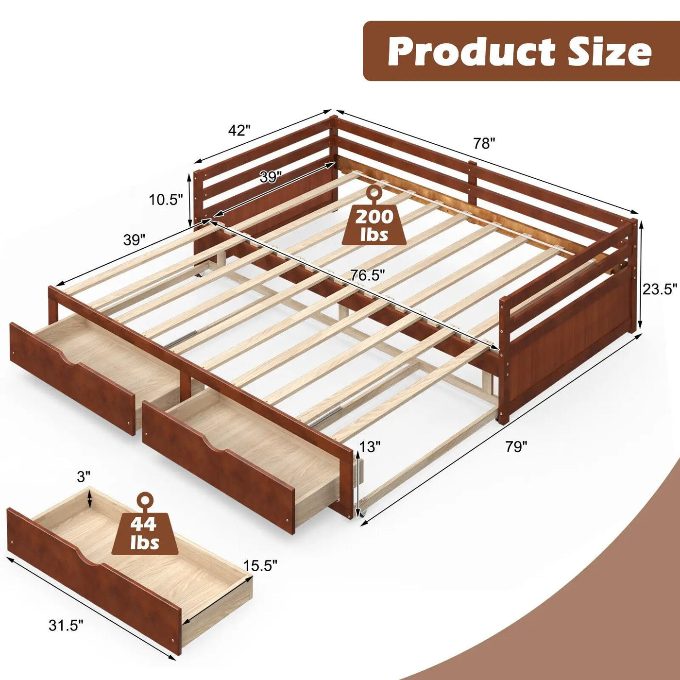 Extendable Twin to King Daybed with Trundle and 2 Storage Drawers by DirectDeals