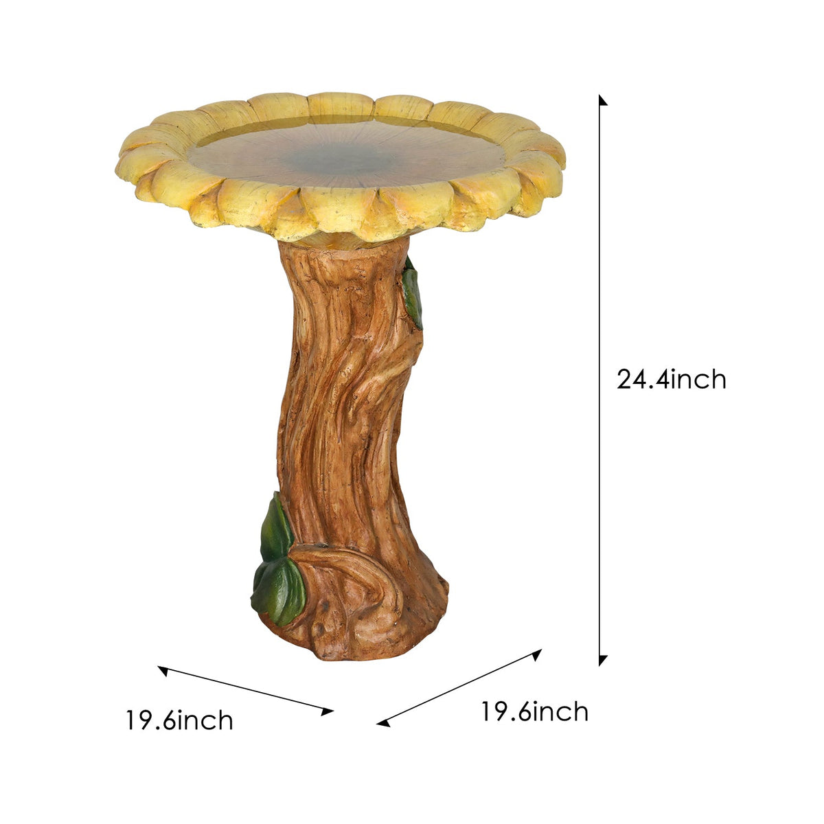 Concrete Wooden Bird Bath Sunflower on Trunk 24 Inch, dimensions drawing