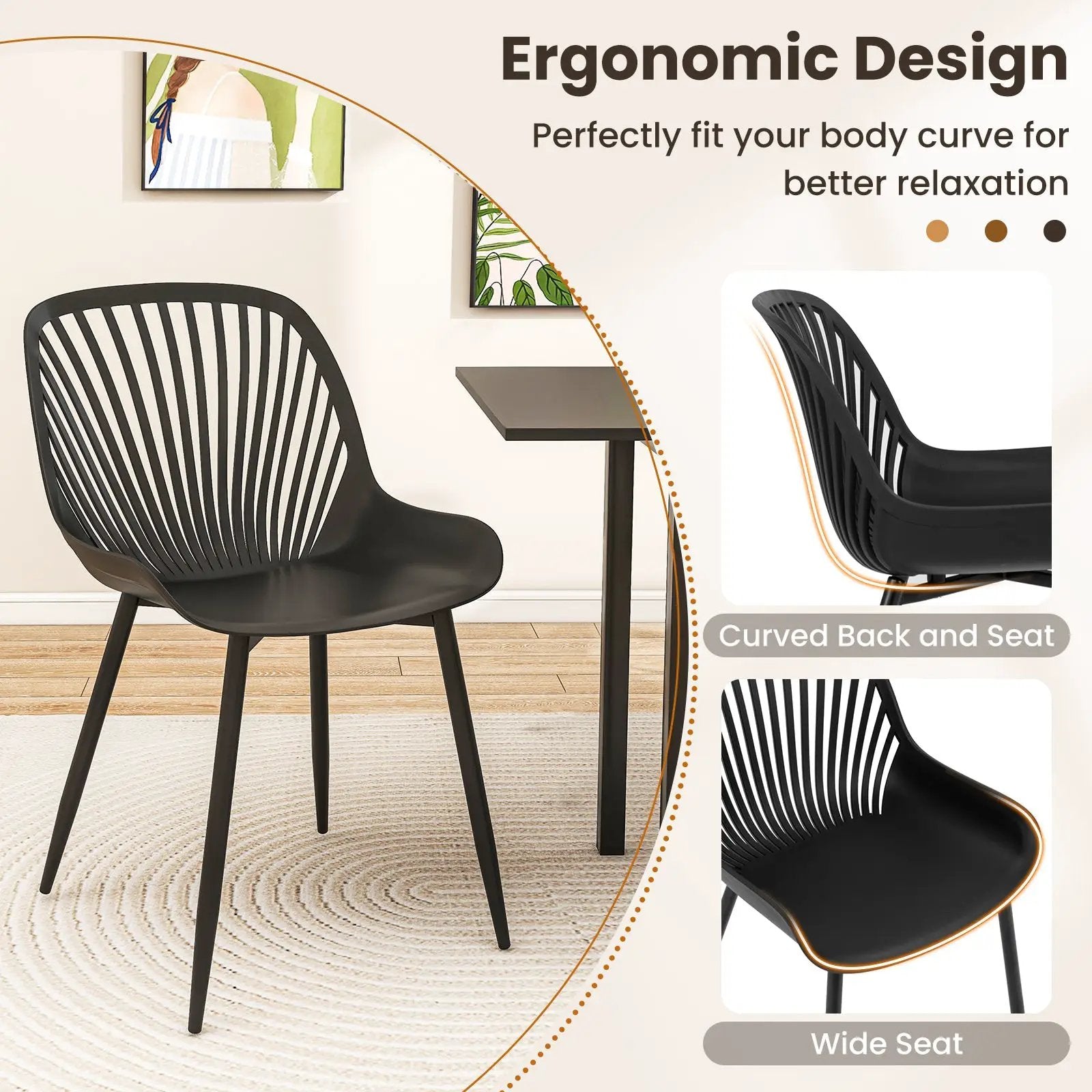 Modern Kitchen Chairs with Metal Legs Cutout Backrest Curved Seat for Dining Room Home Office-Black by DirectDeals