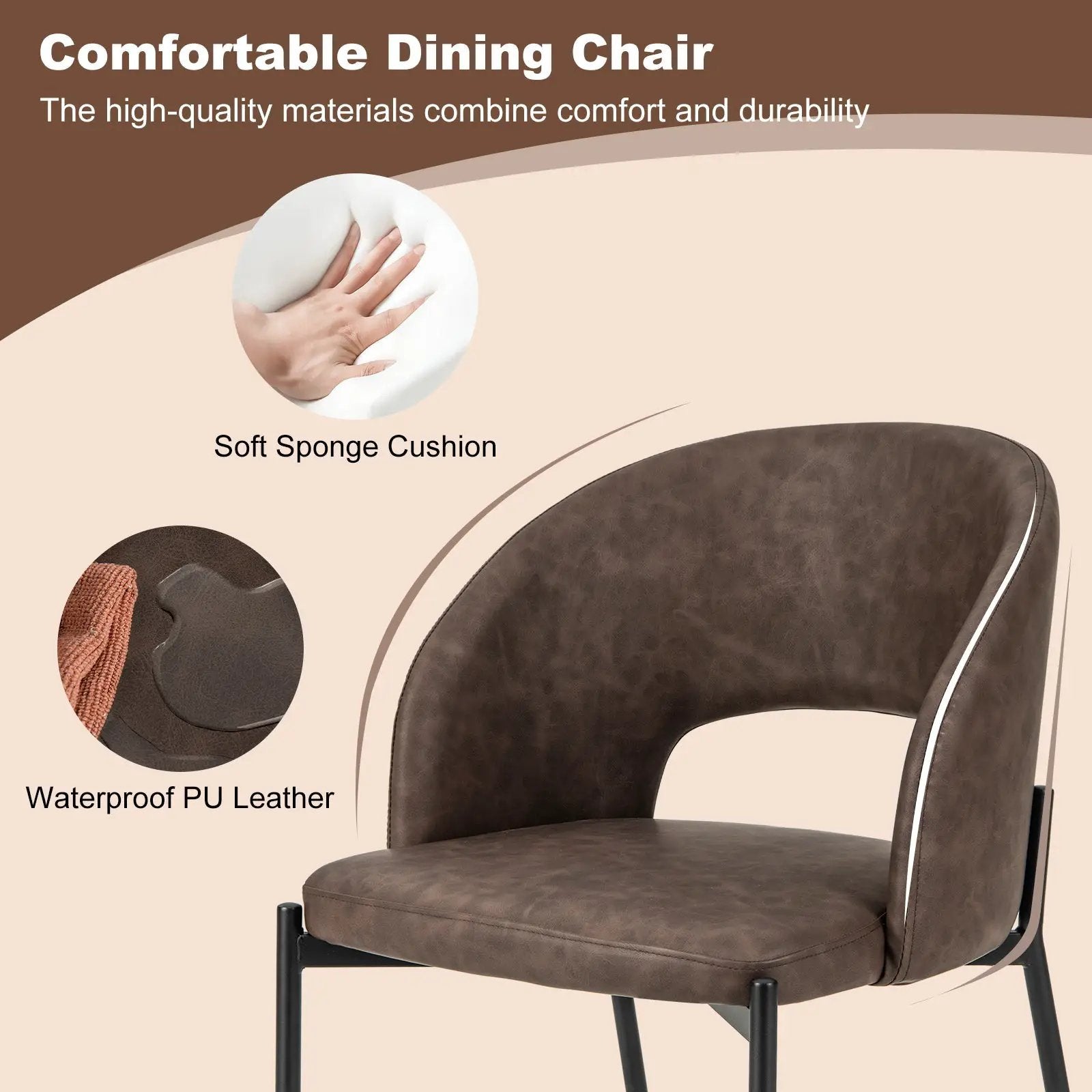 Dining Chair Set of 2 with High-density Sponge Cushion and PU Leather-Brown by DirectDeals