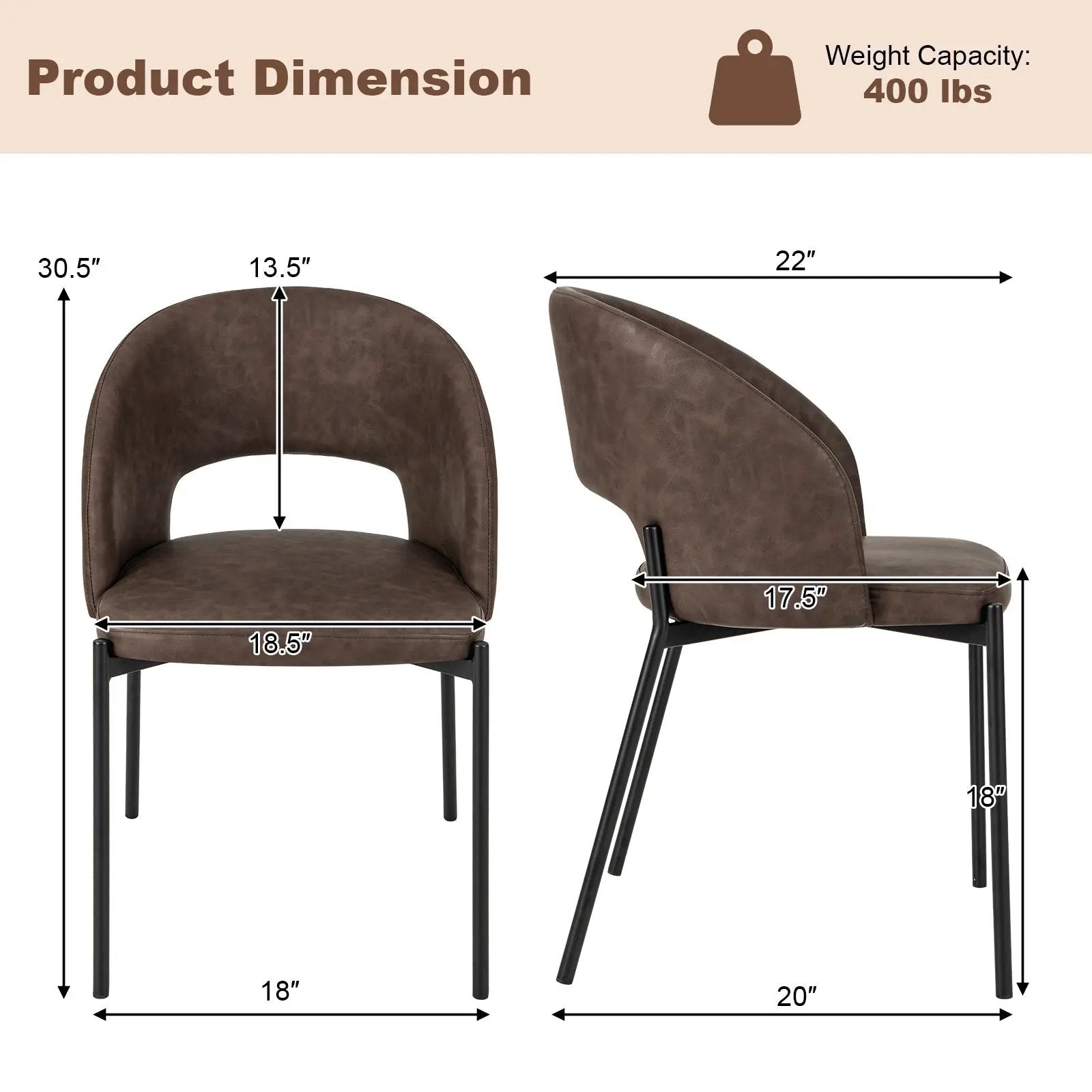 Dining Chair Set of 2 with High-density Sponge Cushion and PU Leather-Brown by DirectDeals