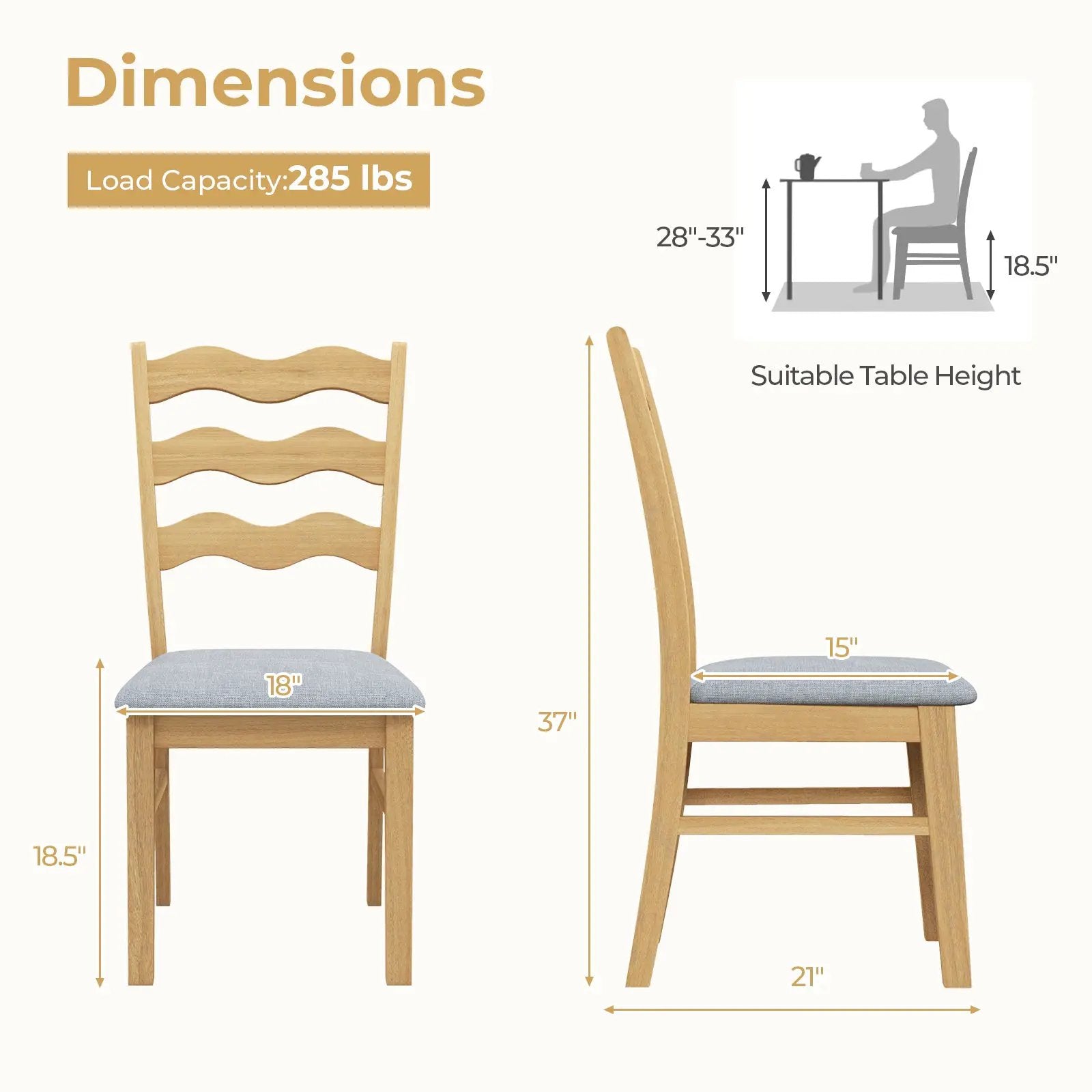 Dining Chair Set of 2 Linen Fabric Upholstered Kitchen Chairs with Padded Seat-Natural by DirectDeals