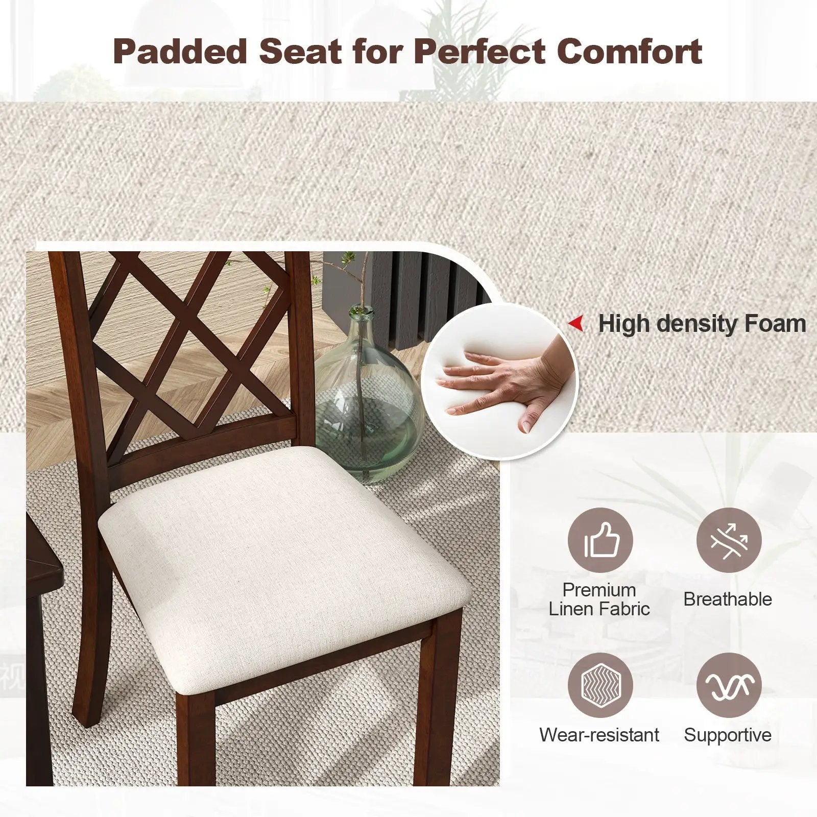 Dining Chair Set of 2 Wood Kitchen Chairs with Upholstered Seat Cushion and Rubber Wood Legs-Brown by DirectDeals