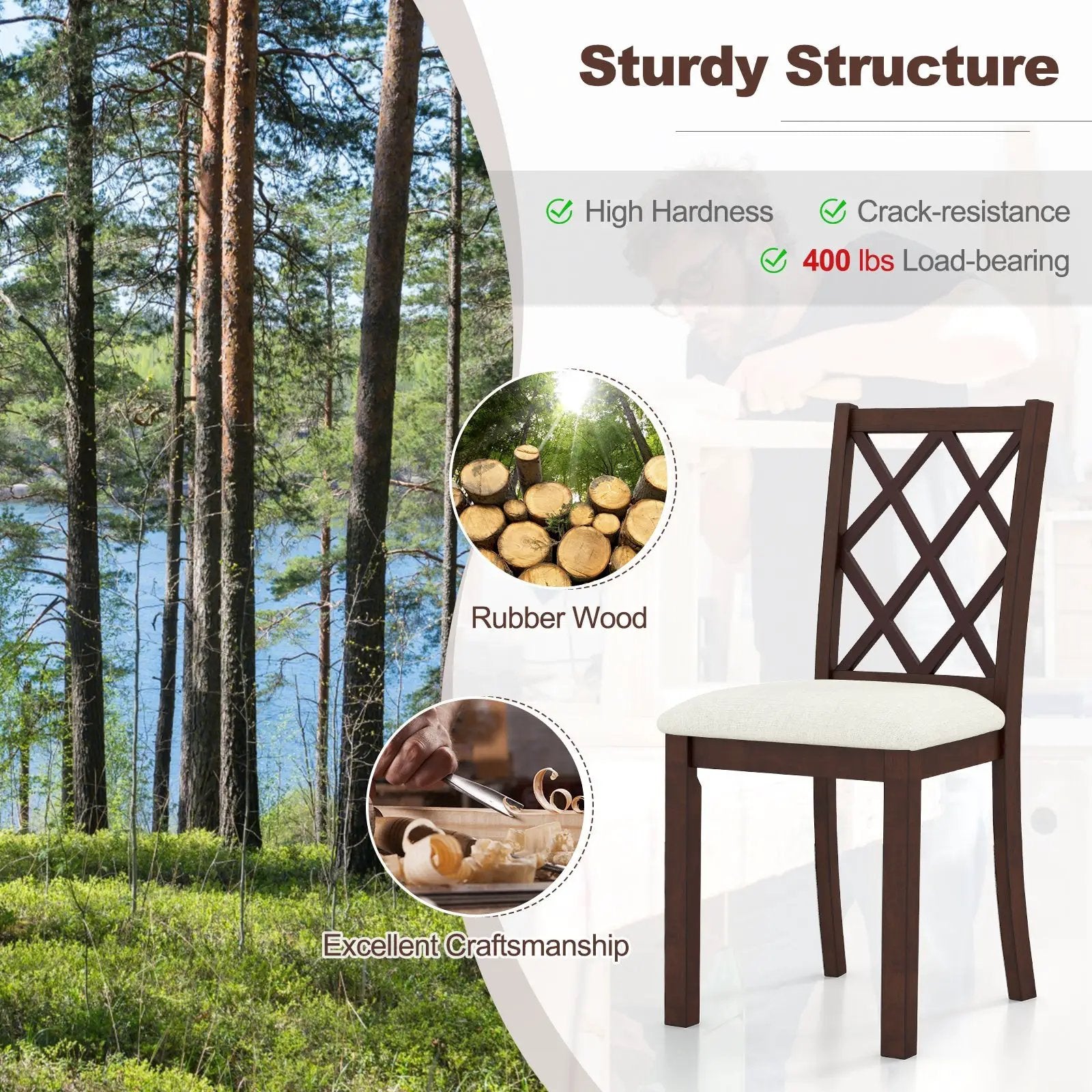 Dining Chair Set of 2 Wood Kitchen Chairs with Upholstered Seat Cushion and Rubber Wood Legs-Brown by DirectDeals