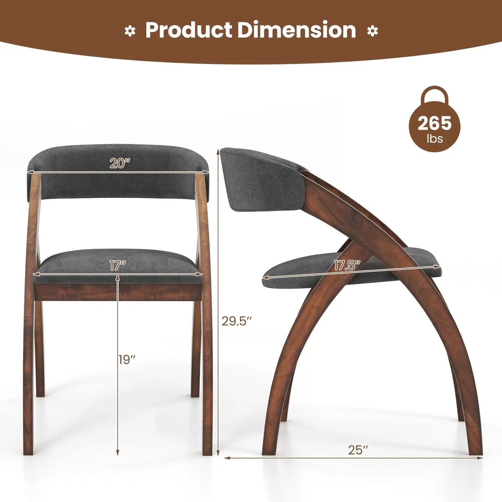 Dining Chair Set of 2 with Padded Cushion and Curved Back for Living Room-Walnut by DirectDeals