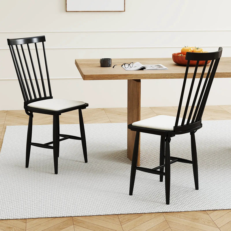 Dining Chairs Set of 2 Farmhouse Solid Rubber Wood Windsor Chairs with Removable Seat Cushions-Black by DirectDeals