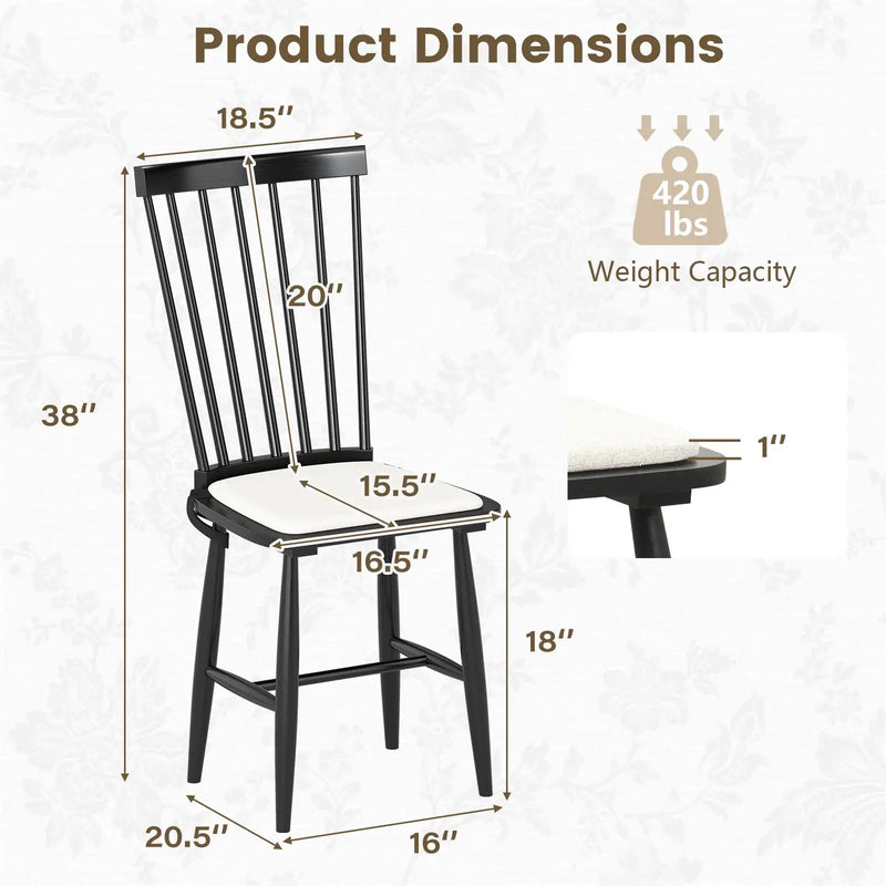 Dining Chairs Set of 2 Farmhouse Solid Rubber Wood Windsor Chairs with Removable Seat Cushions-Black by DirectDeals