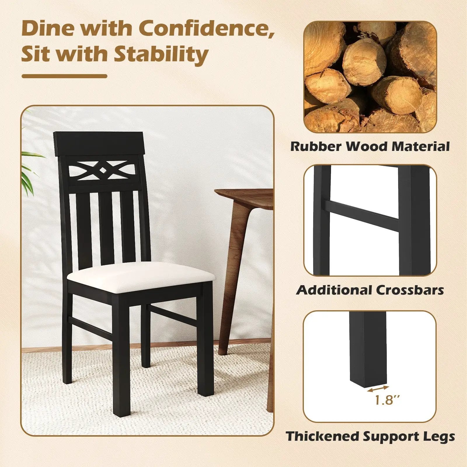 Dining Chairs Set of 2 High Back Dining Room Chairs with Padded Seat and Rubber Wood Frame-Black by DirectDeals