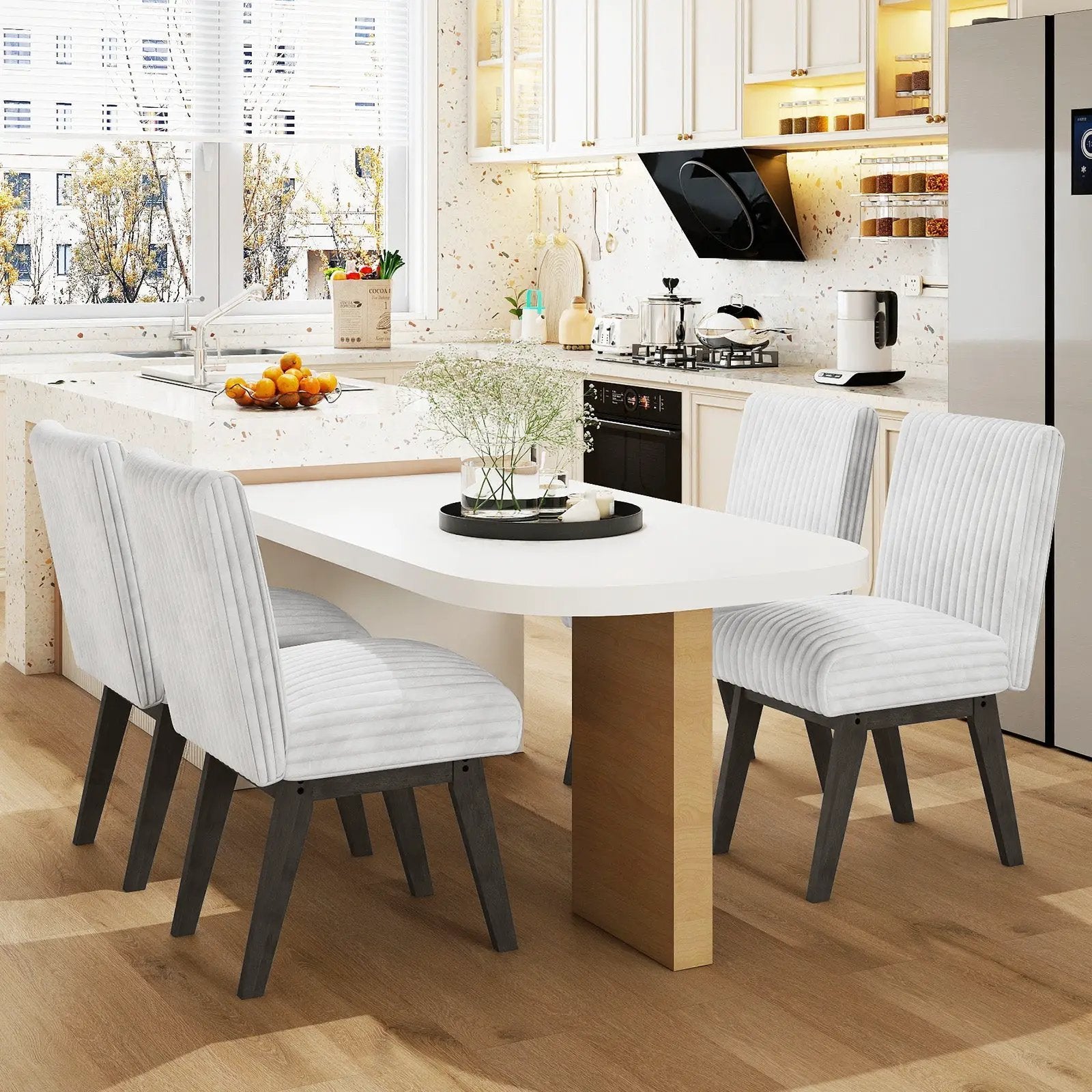 Dining Chairs Set of 2 Fabric Upholstered Kitchen Chairs with Padded Seatand Rubber Wood Legs-White+Grey by DirectDeals