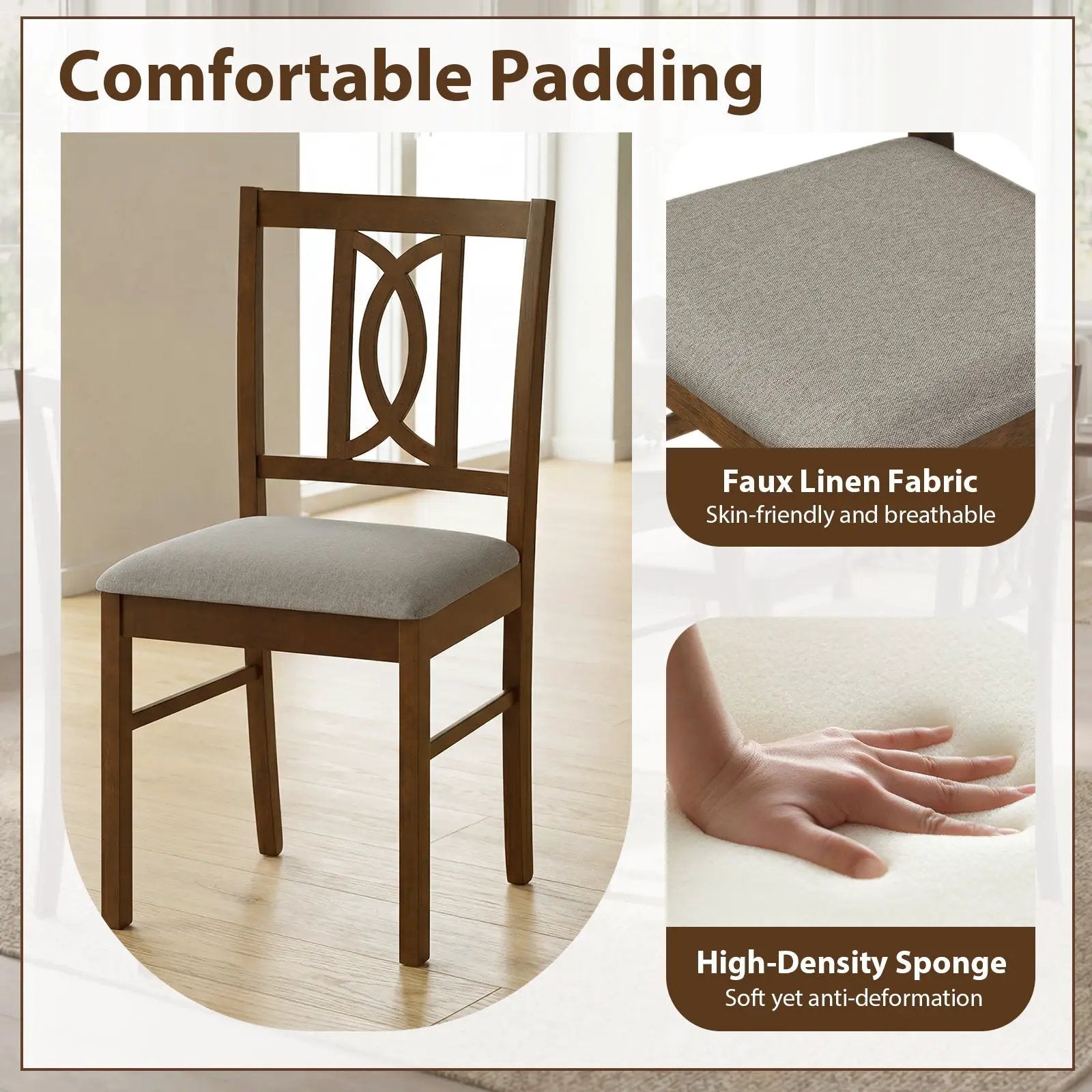 Dining Chairs Set of 2 Rubber Wood Dining Room Chairs with Hollowed Backrest-Walnut by DirectDeals