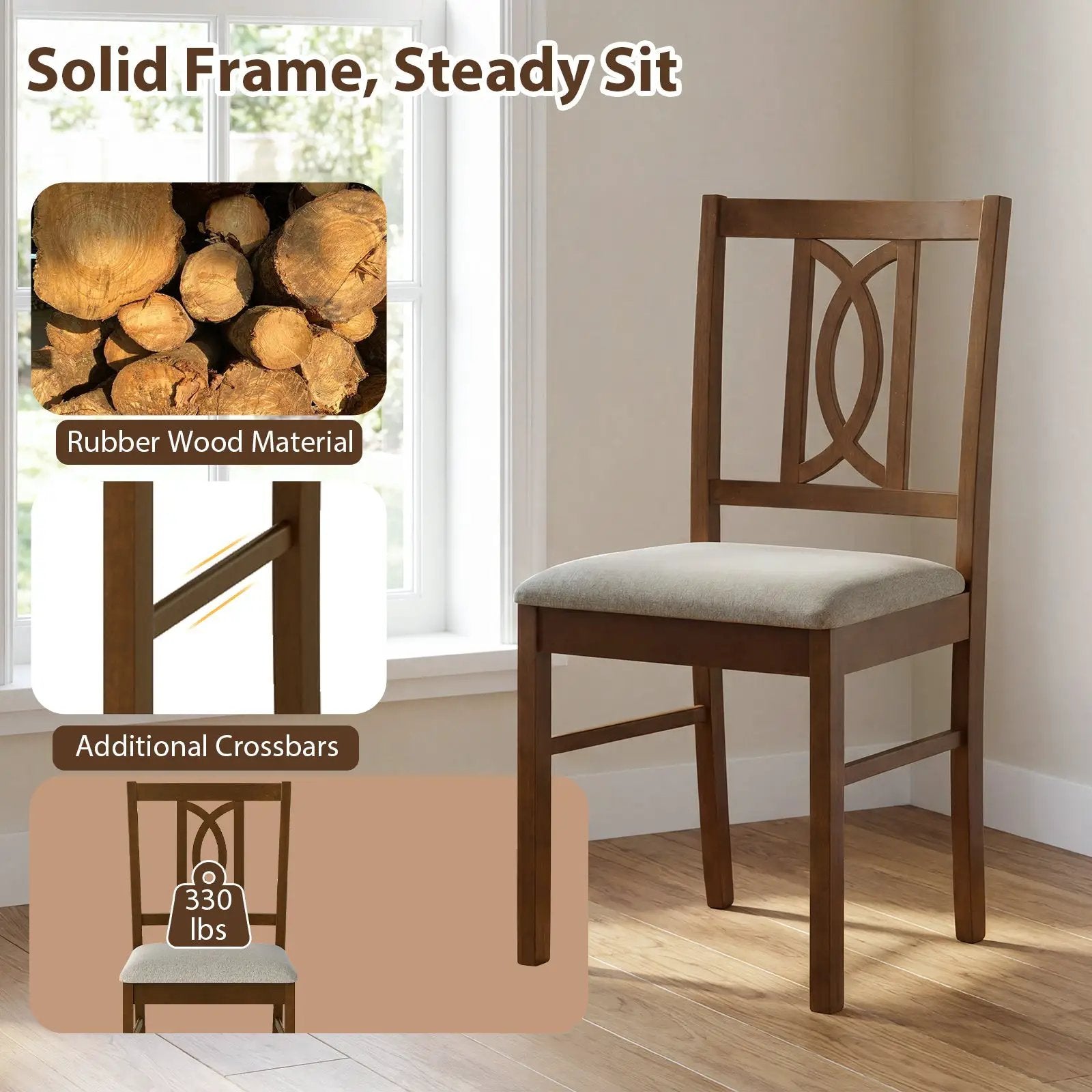 Dining Chairs Set of 2 Rubber Wood Dining Room Chairs with Hollowed Backrest-Walnut by DirectDeals