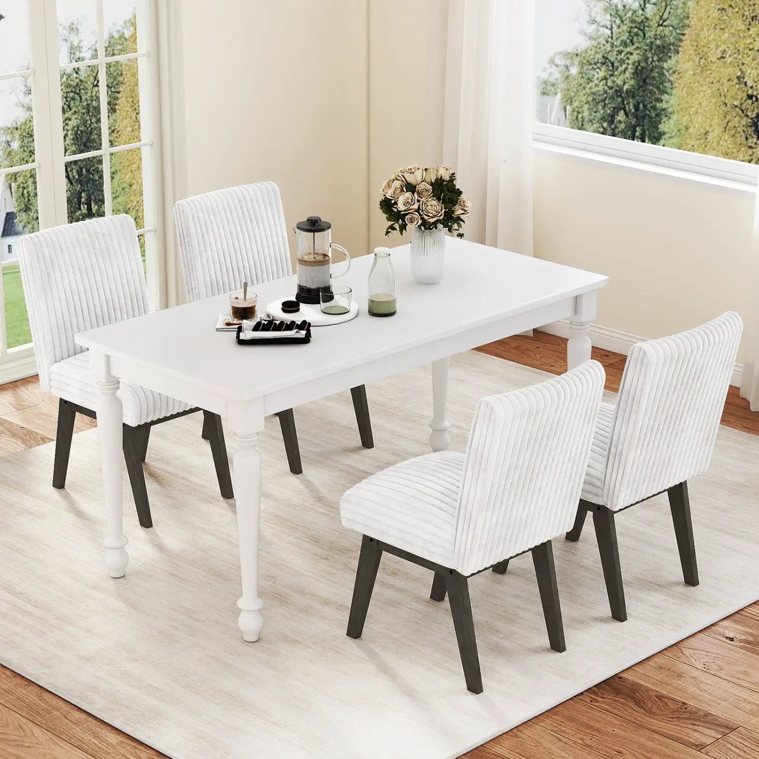 Dining Chairs Set of 4 Fabric Upholstered Kitchen Chairs with Padded Seat and Rubber Wood Legs-White+Gray by DirectDeals