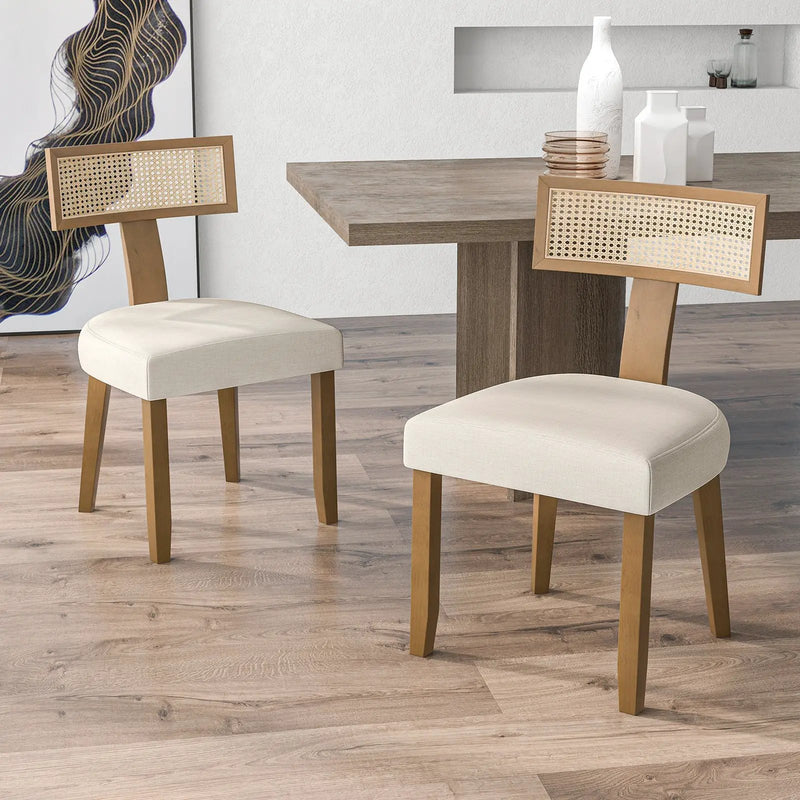 Set of 2 Linen Fabric Upholstered Accent Dining Chairs with Curved Rattan Backrests-Beige by DirectDeals