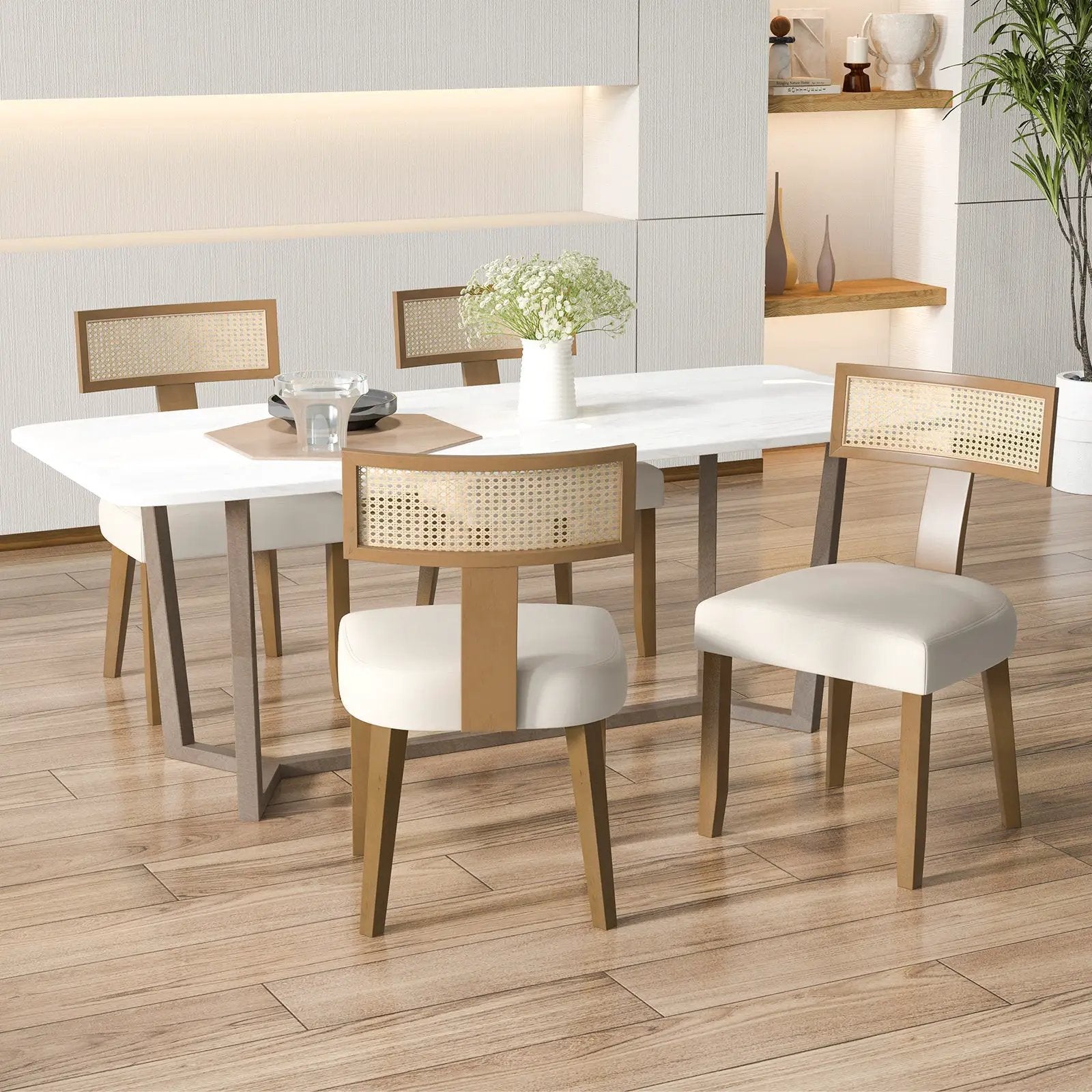 Set of 2 Linen Fabric Upholstered Accent Dining Chairs with Curved Rattan Backrests-Beige by DirectDeals