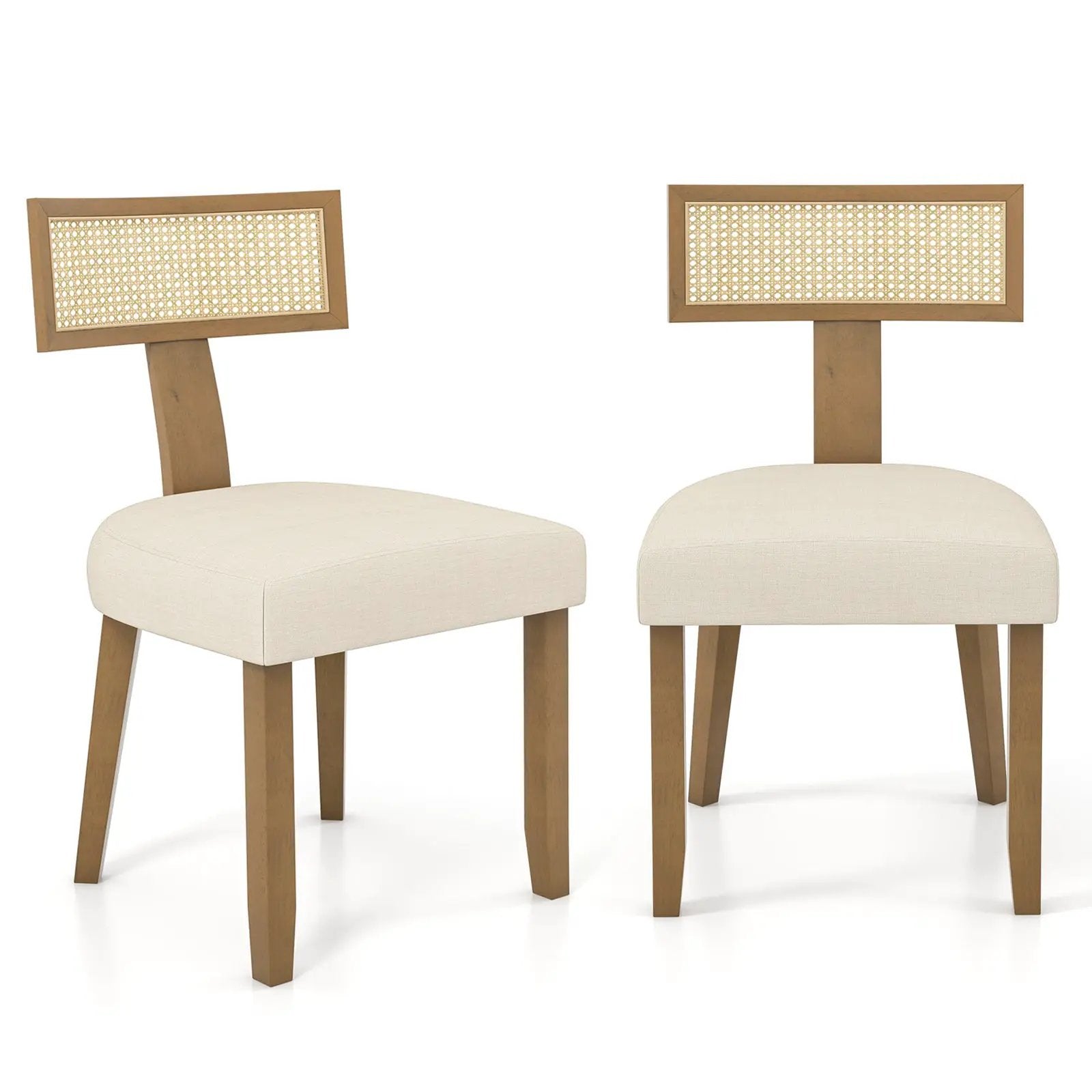 Set of 2 Linen Fabric Upholstered Accent Dining Chairs with Curved Rattan Backrests-Beige by DirectDeals