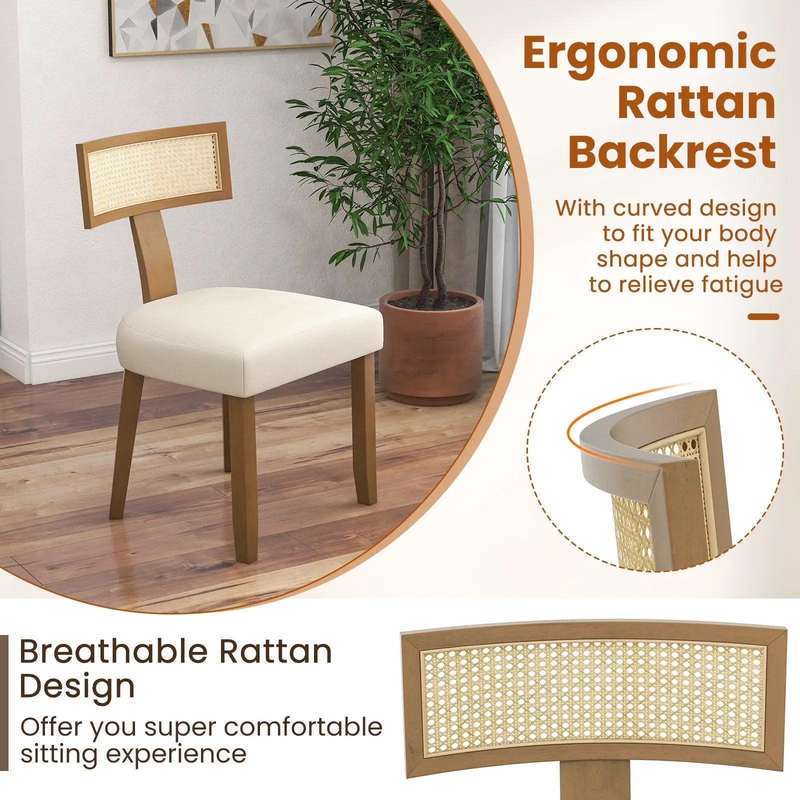 Set of 2 Linen Fabric Upholstered Accent Dining Chairs with Curved Rattan Backrests-Beige by DirectDeals