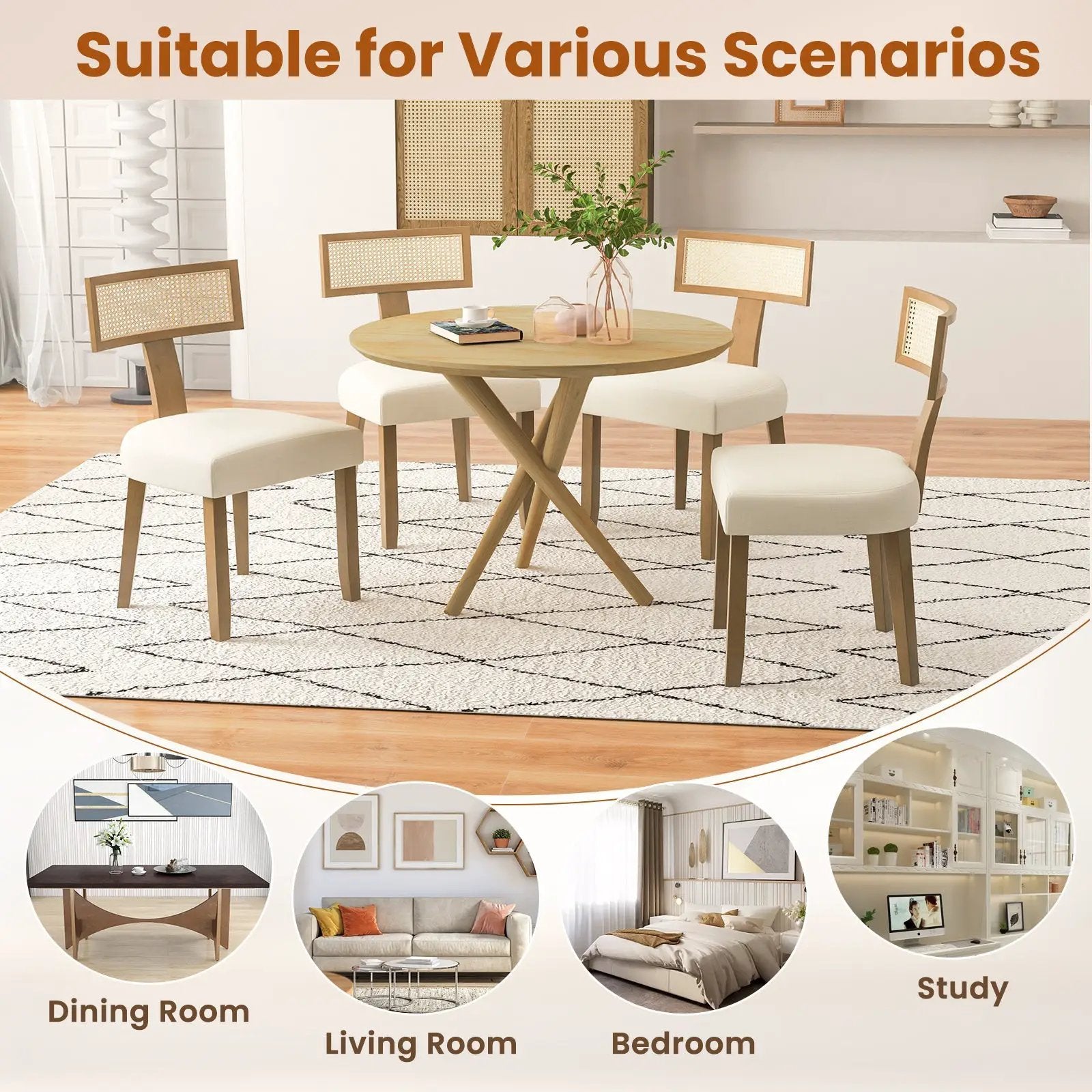 Set of 2 Linen Fabric Upholstered Accent Dining Chairs with Curved Rattan Backrests-Beige by DirectDeals