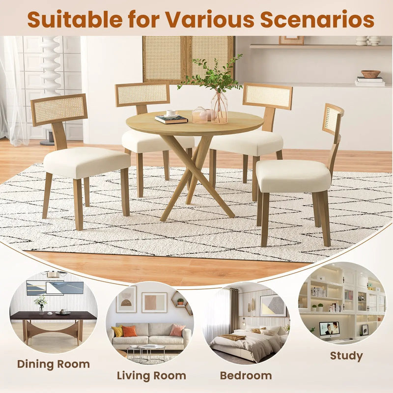 Set of 2 Linen Fabric Upholstered Accent Dining Chairs with Curved Rattan Backrests-Beige by DirectDeals
