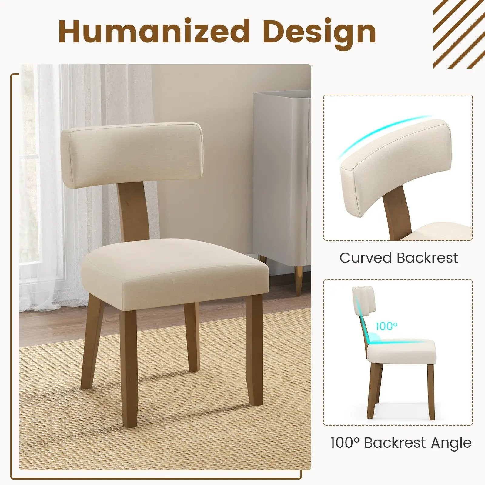 Dining Chairs Set of 2 with Curved Backrest Padded Seat-Beige by DirectDeals