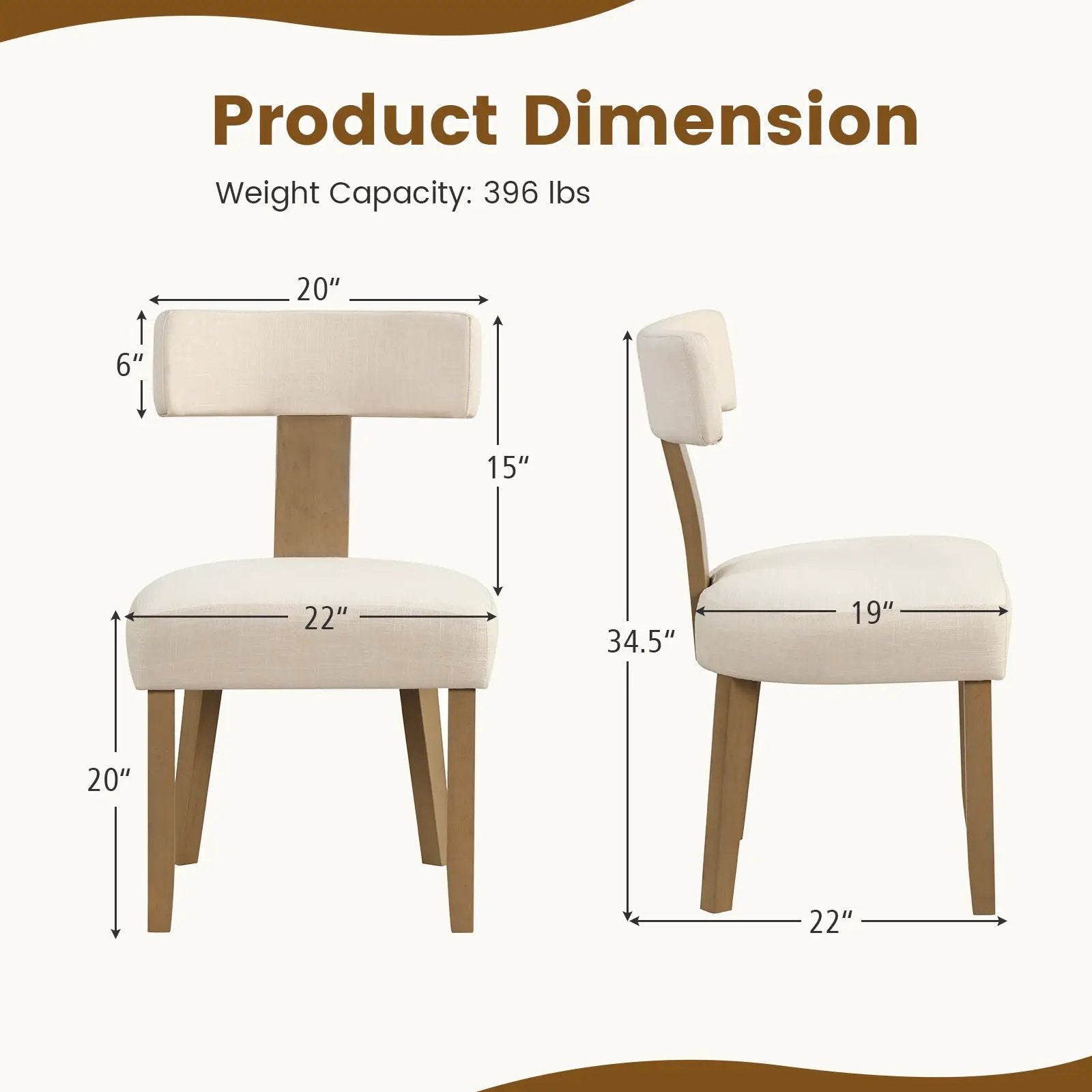 Dining Chairs Set of 2 with Curved Backrest Padded Seat-Beige by DirectDeals