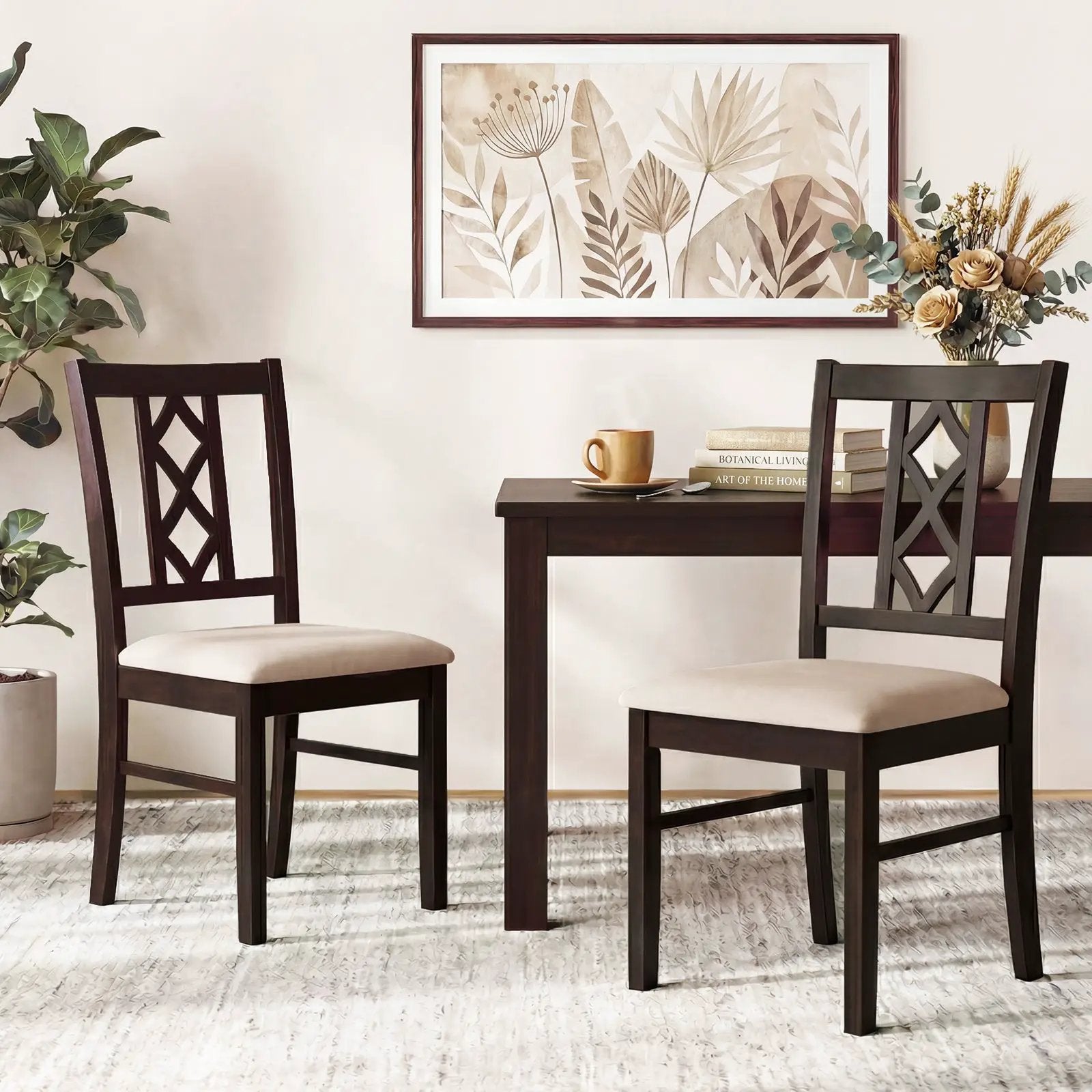 Dining Room Chairs Set of 2 Rubber Wood Dining Chairs with Hollowed Backrest-Brown by DirectDeals