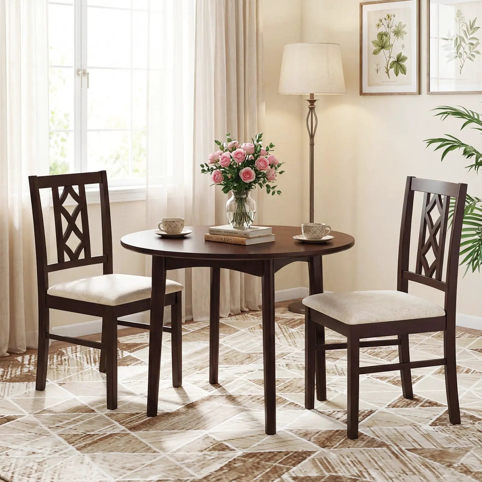 Dining Room Chairs Set of 2 Rubber Wood Dining Chairs with Hollowed Backrest-Brown by DirectDeals
