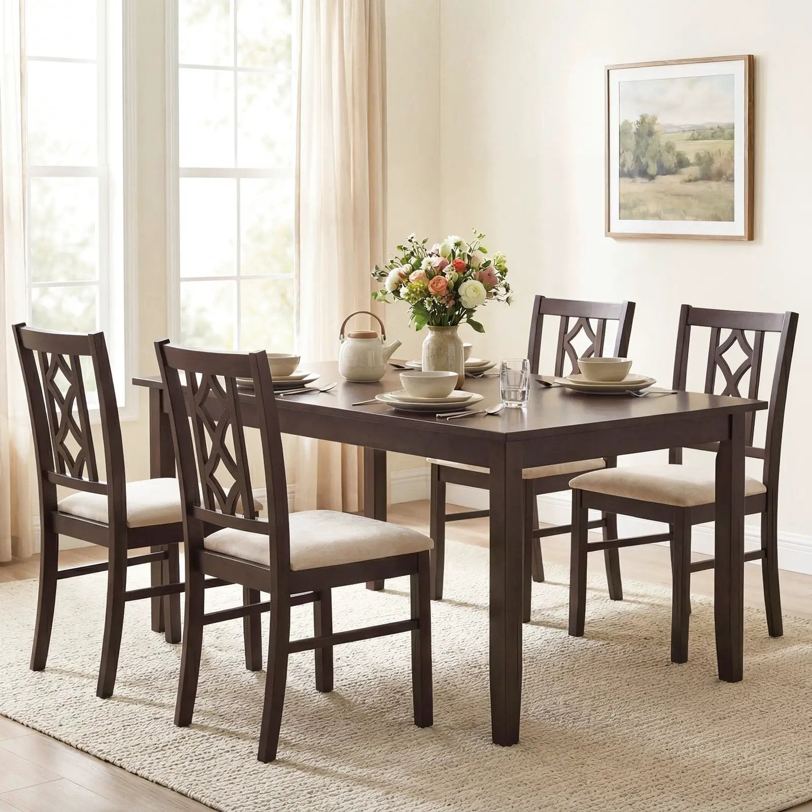 Dining Room Chairs Set of 2 Rubber Wood Dining Chairs with Hollowed Backrest-Brown by DirectDeals