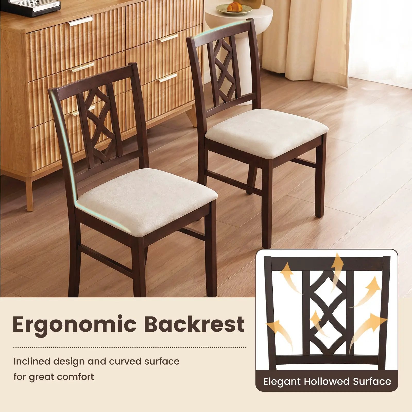 Dining Room Chairs Set of 2 Rubber Wood Dining Chairs with Hollowed Backrest-Brown by DirectDeals