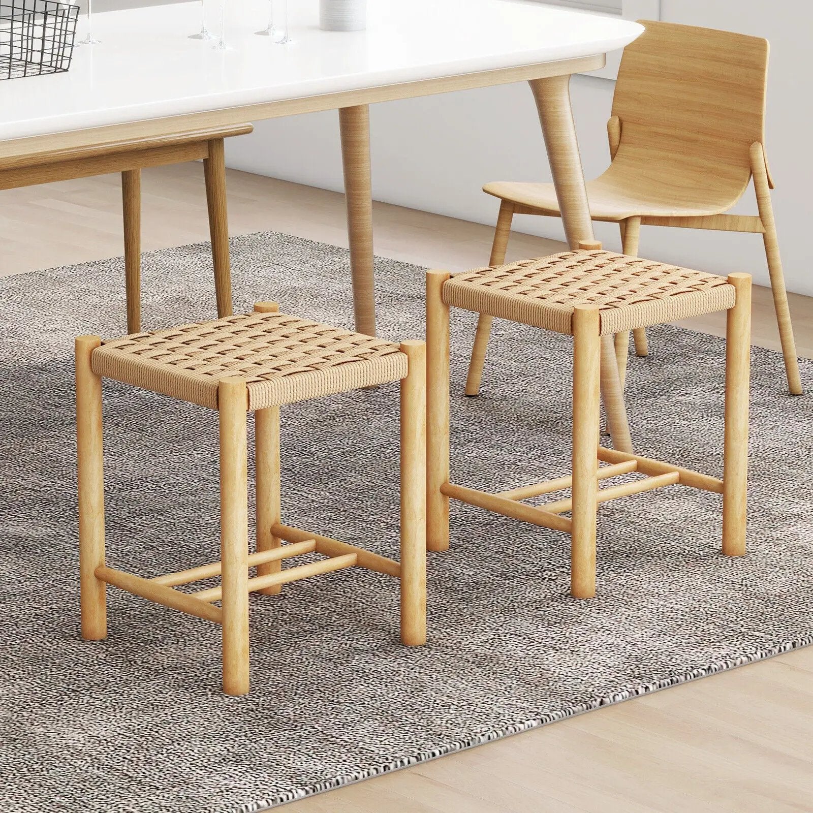 Dining Stool Set of 2 with Rubber Wood Frame-Natural by DirectDeals