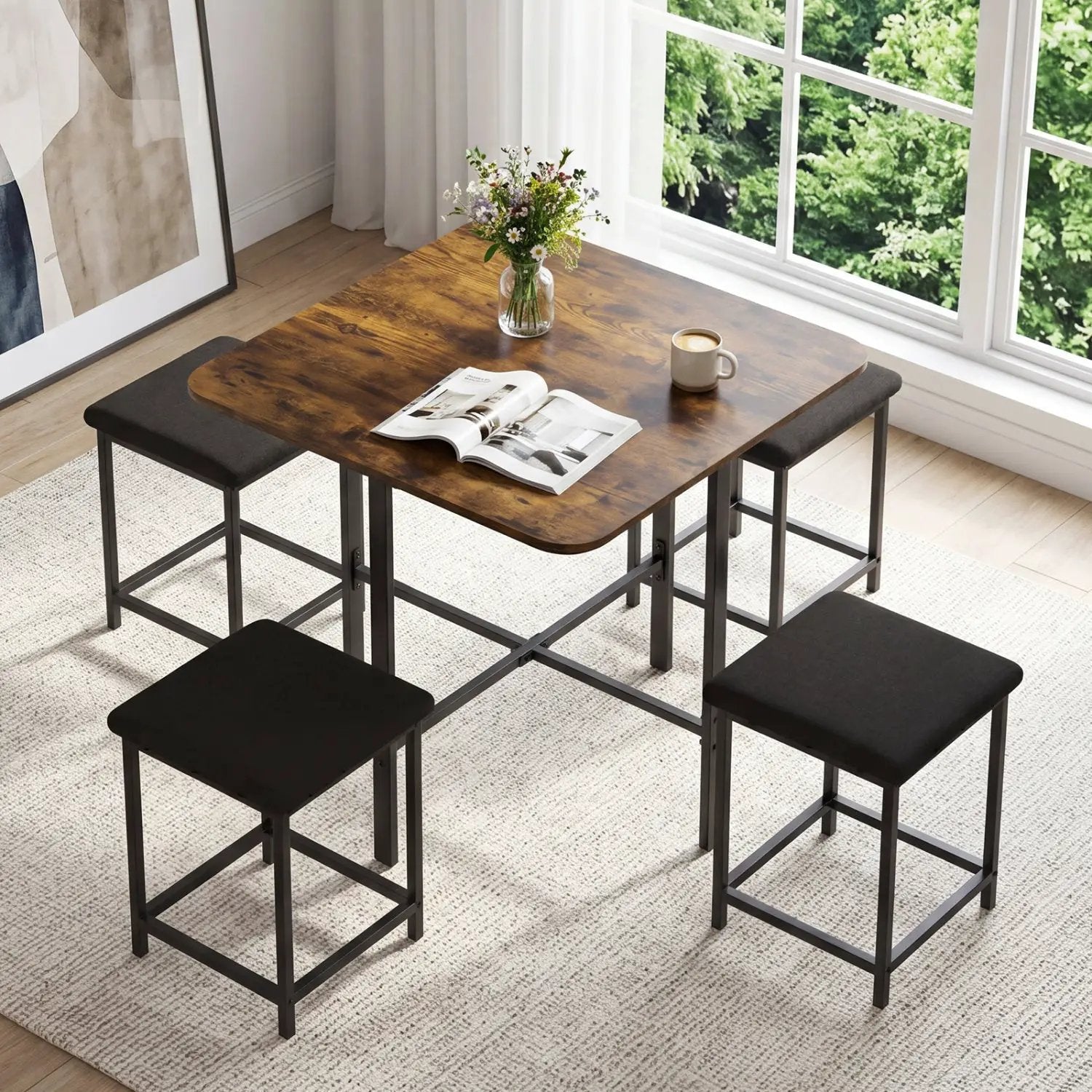 5-Piece Dining Table Set with 4 Upholstered Stools by DirectDeals