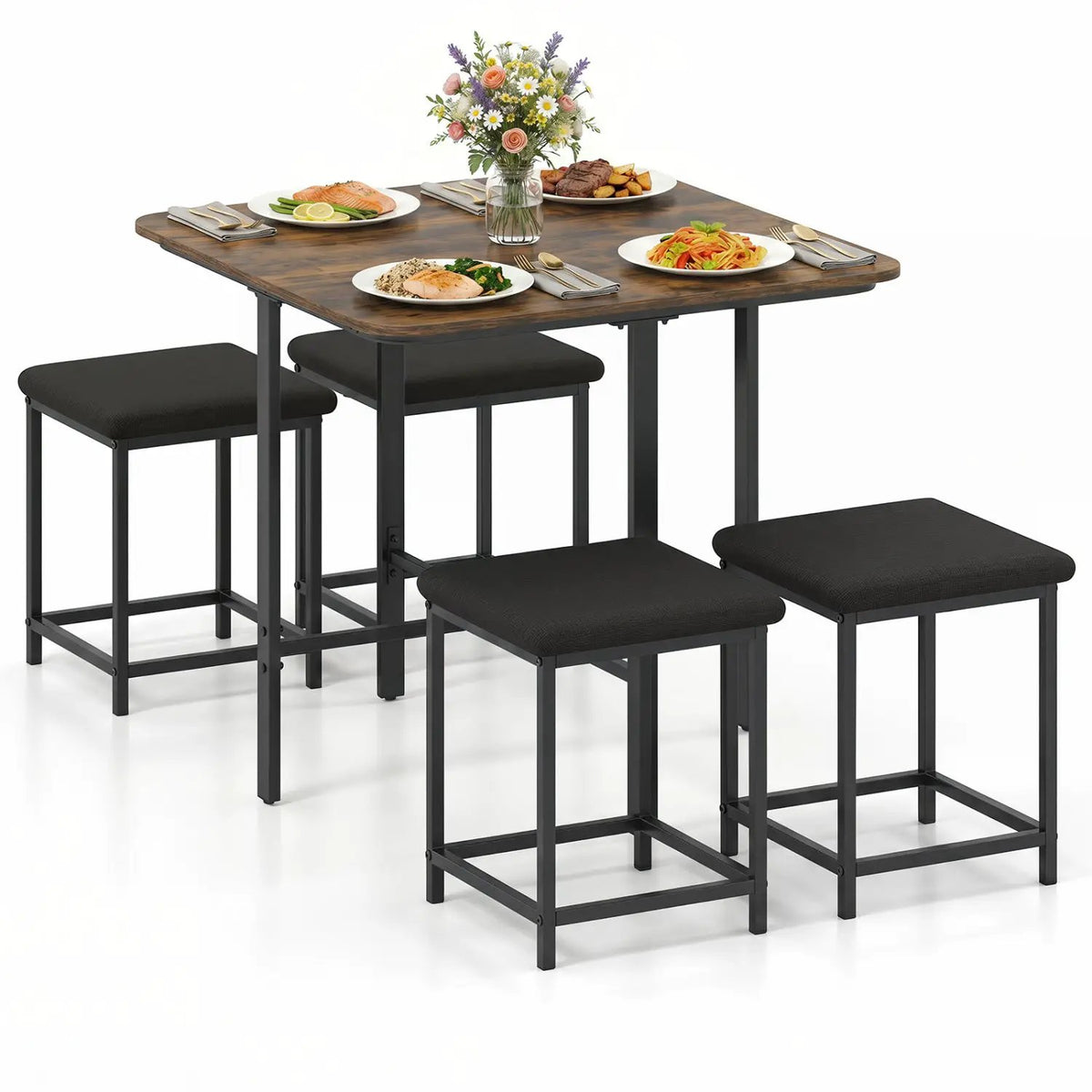 5-Piece Dining Table Set with 4 Upholstered Stools by DirectDeals