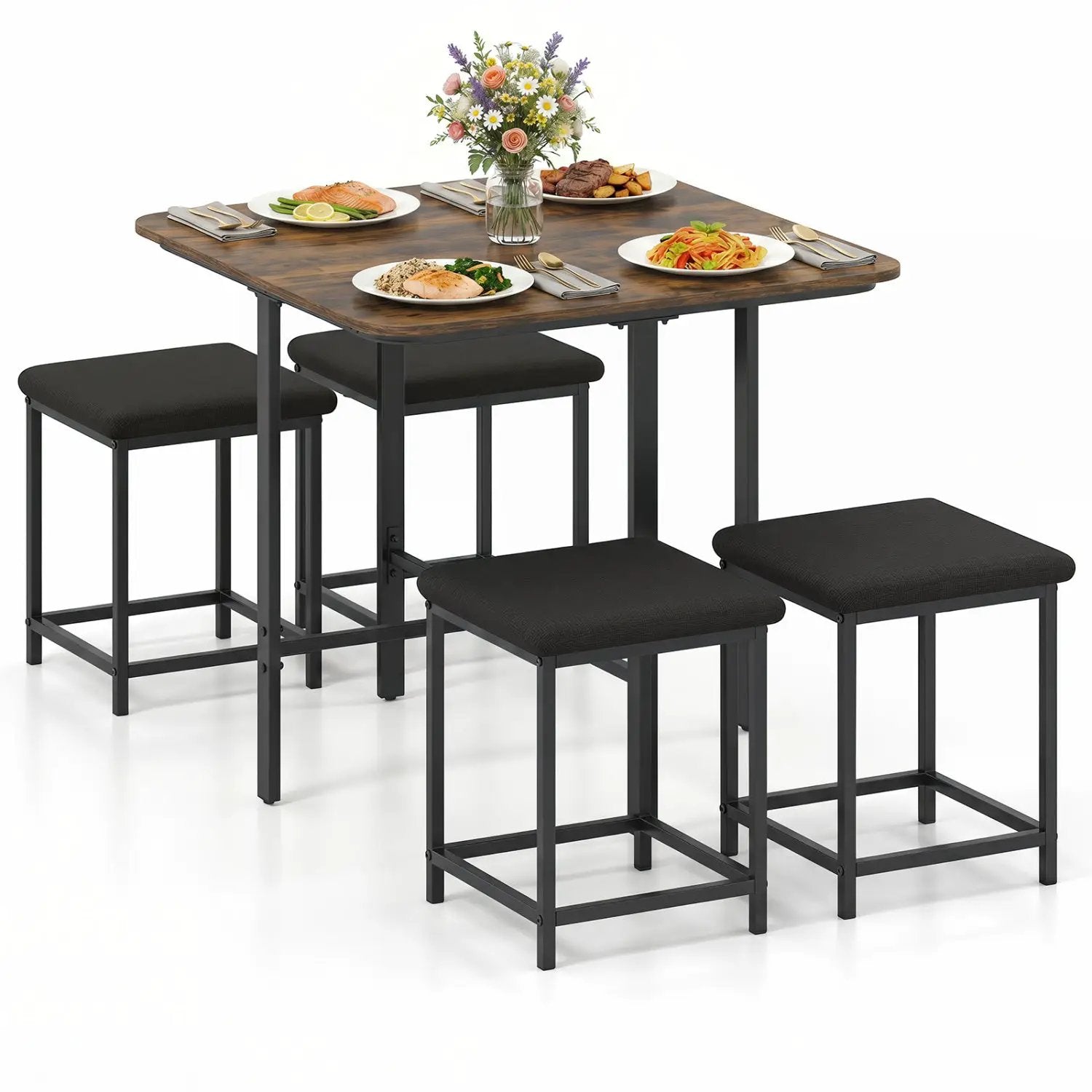 5-Piece Dining Table Set with 4 Upholstered Stools by DirectDeals