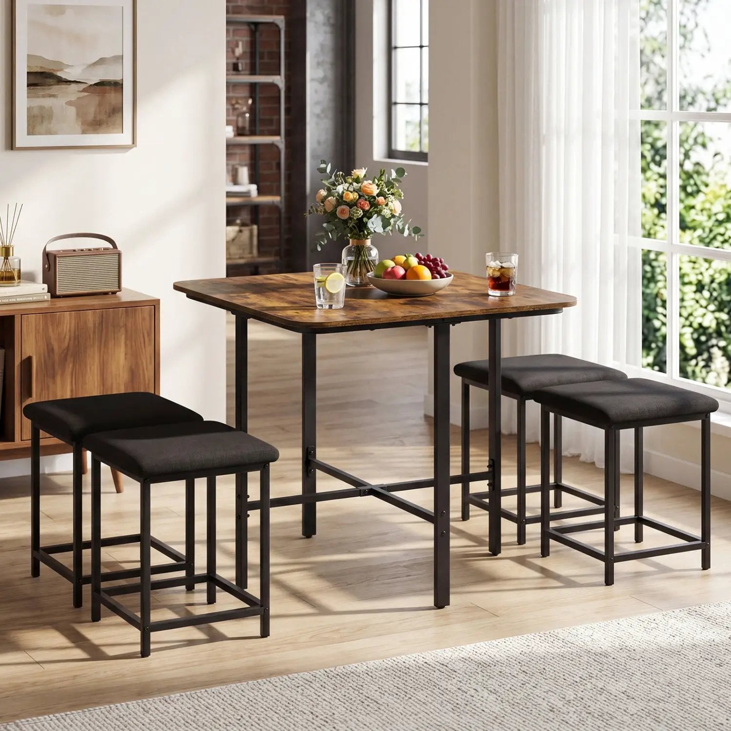 5-Piece Dining Table Set with 4 Upholstered Stools by DirectDeals