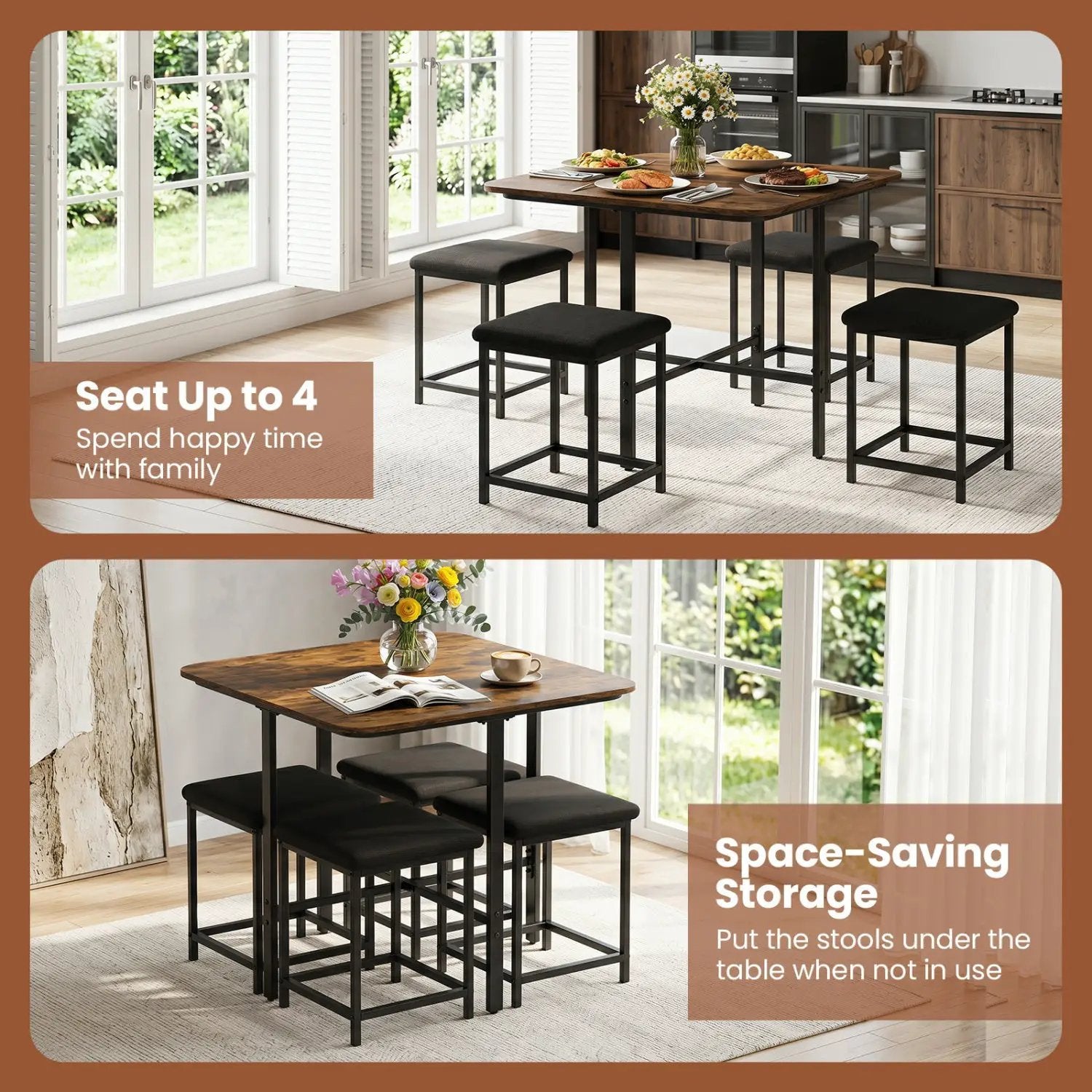 5-Piece Dining Table Set with 4 Upholstered Stools by DirectDeals
