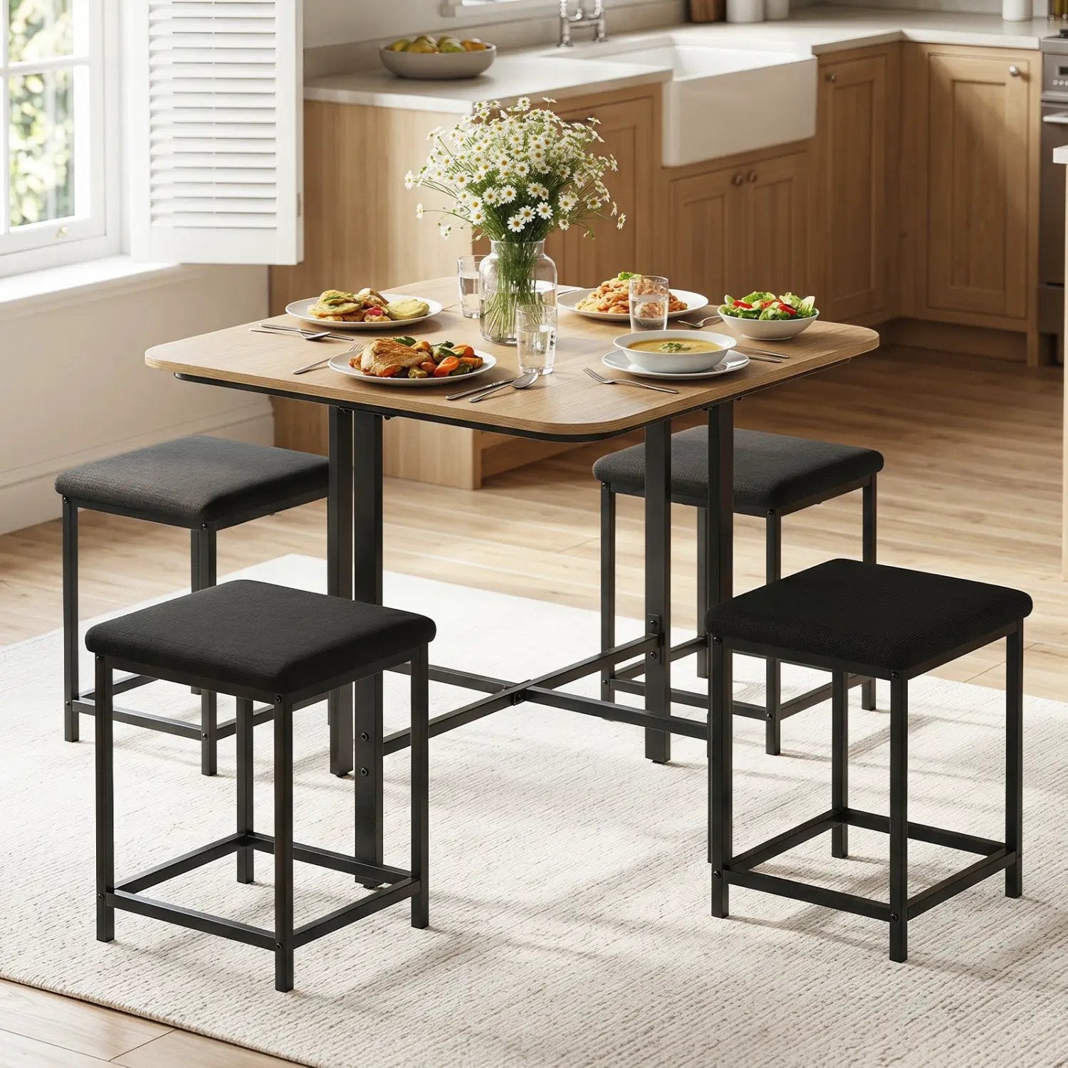 5-Piece Dining Table Set with 4 Upholstered Stools by DirectDeals