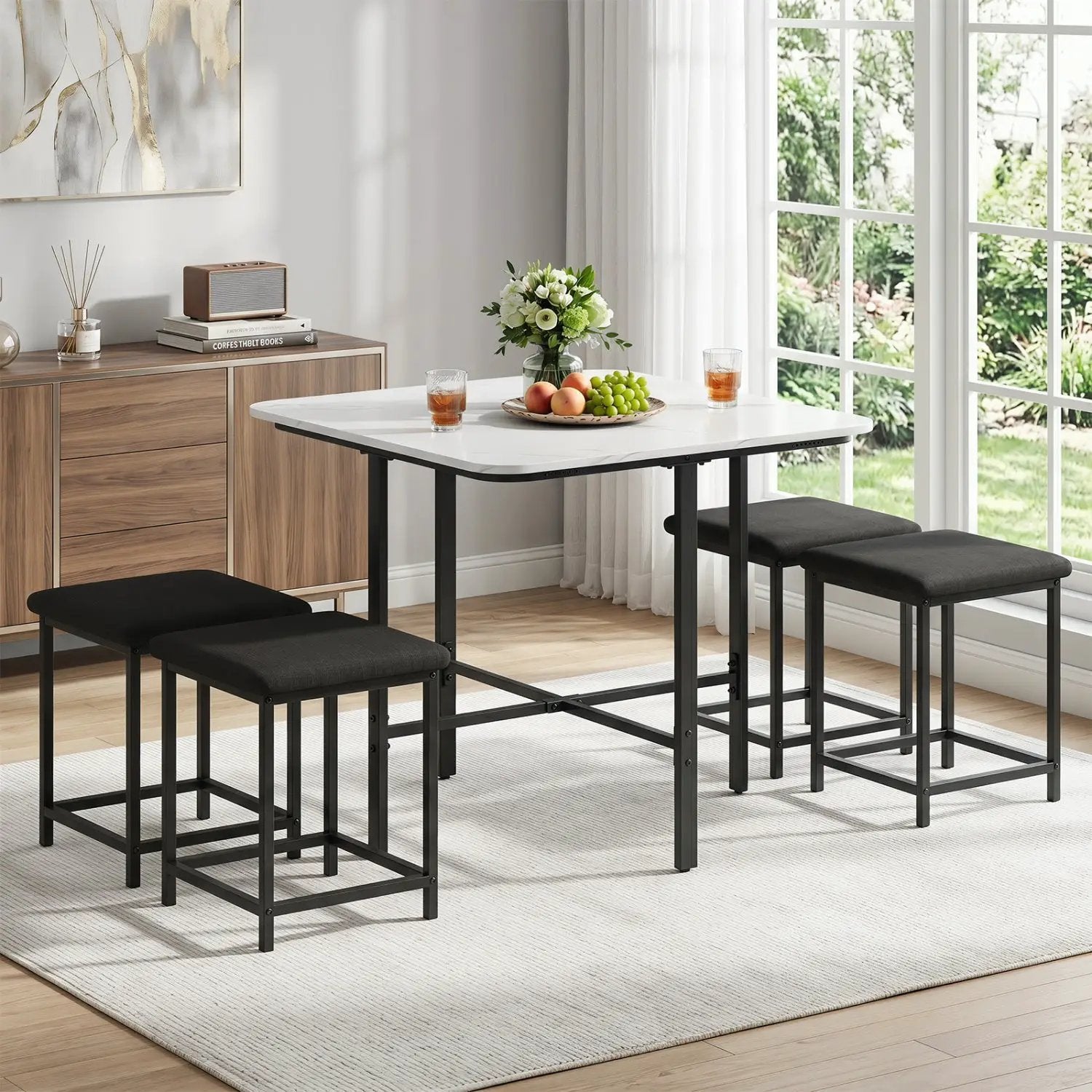 5-Piece Dining Table Set with 4 Upholstered Stools by DirectDeals