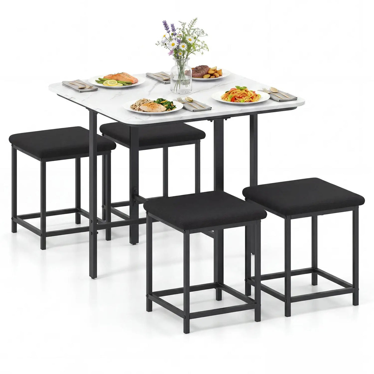 5-Piece Dining Table Set with 4 Upholstered Stools by DirectDeals