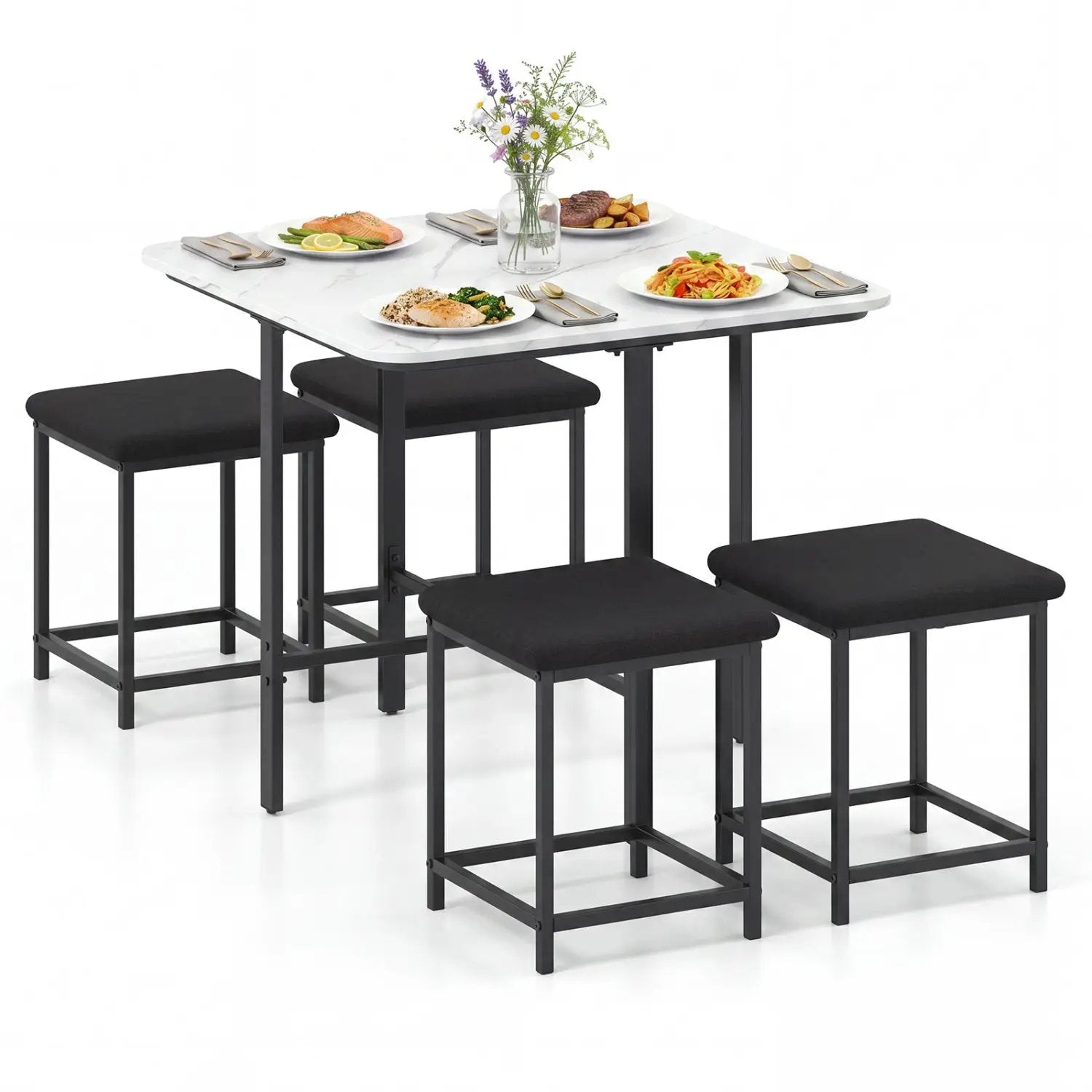 5-Piece Dining Table Set with 4 Upholstered Stools by DirectDeals