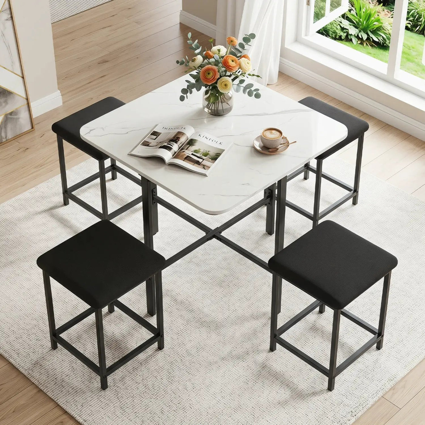 5-Piece Dining Table Set with 4 Upholstered Stools by DirectDeals