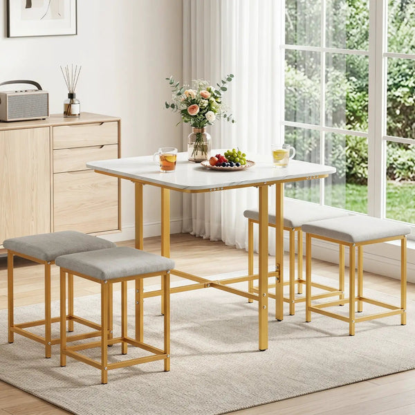 5-Piece Dining Table Set with 4 Upholstered Stools, photo 2 of 8