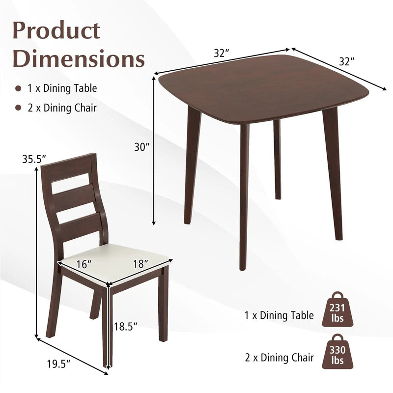 3-Piece Dining Table Set with Wooden Square Kitchen Table and 2 Chairs-Walnut by DirectDeals